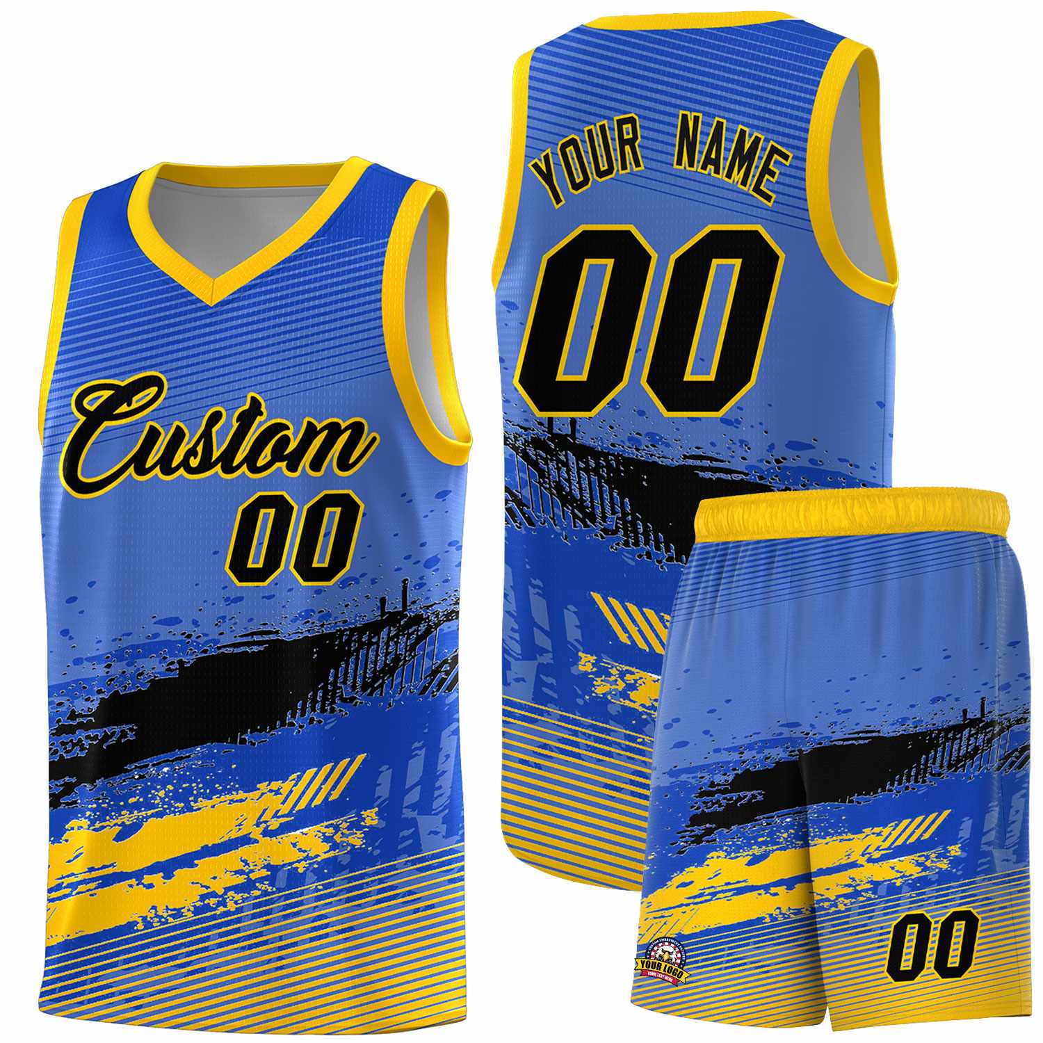 Custom Royal Black and Yellow Graffiti Pattern Sports Uniform Basketball Jersey