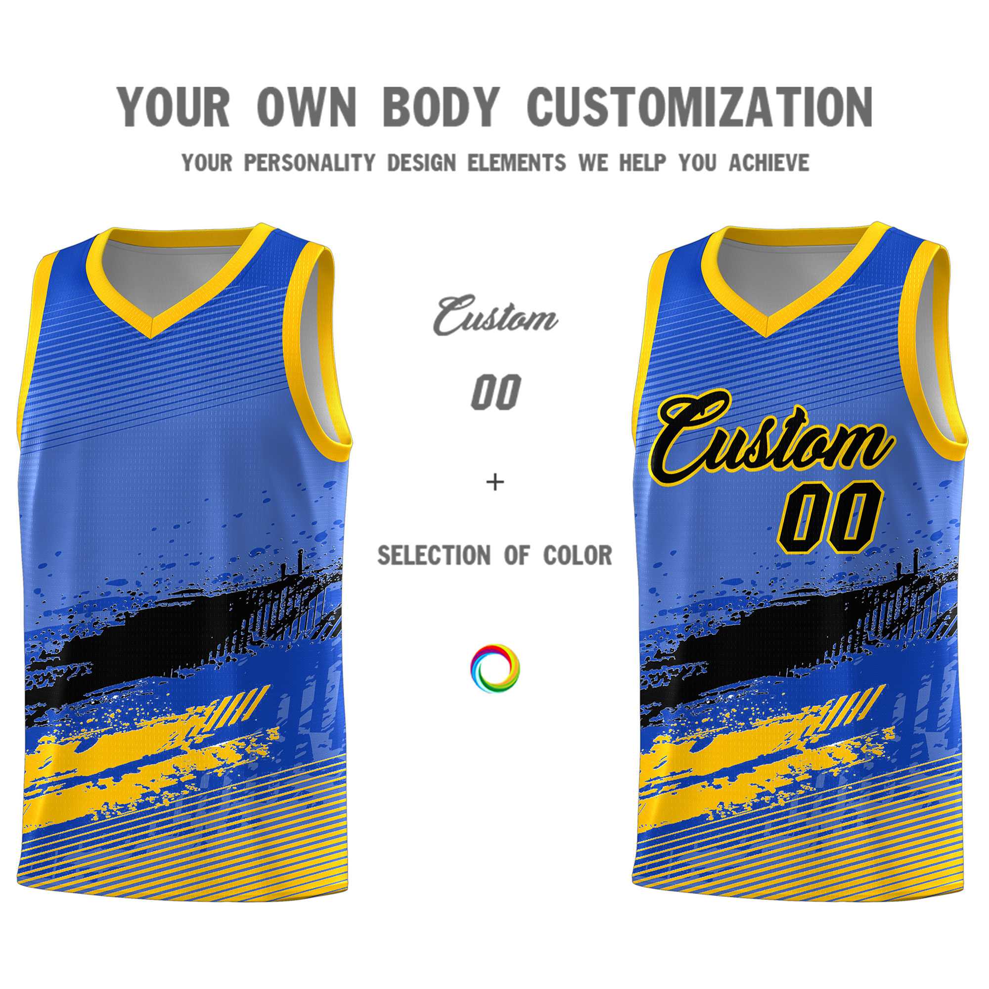 Custom Royal Black and Yellow Graffiti Pattern Sports Uniform Basketball Jersey