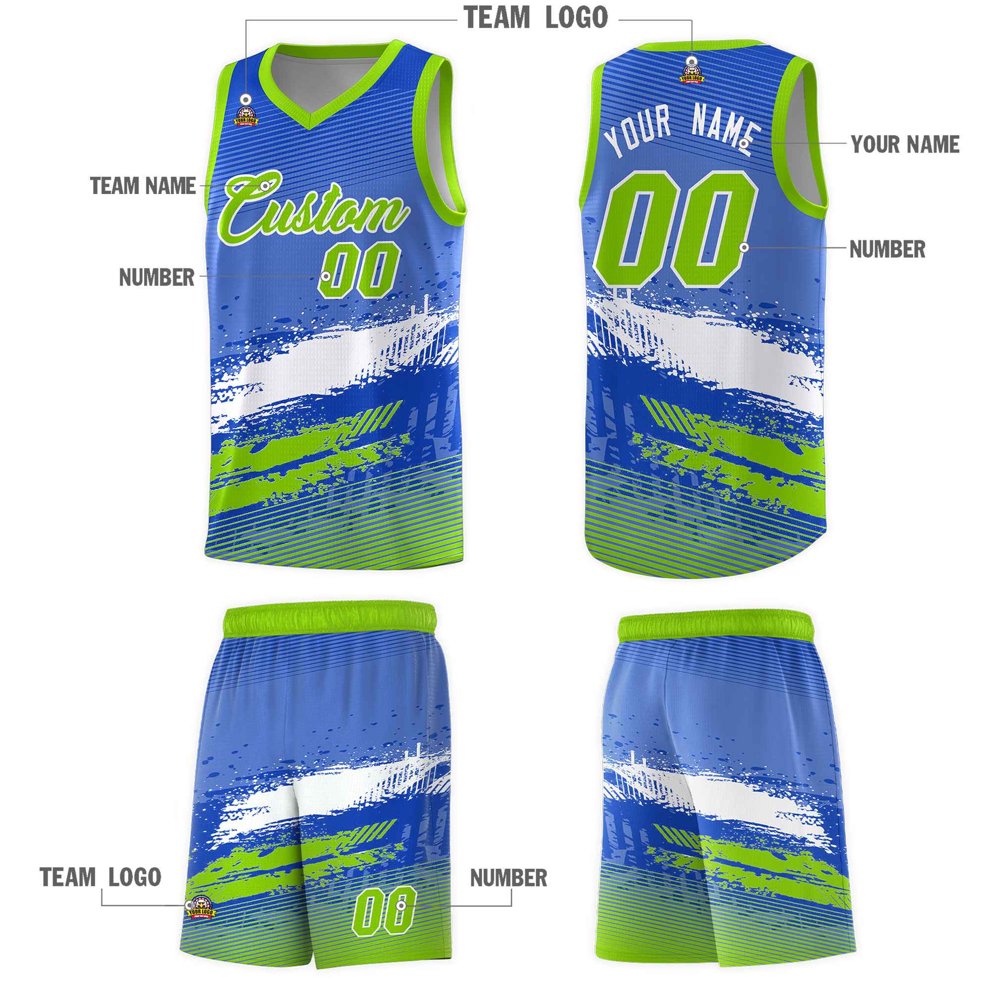 Custom Royal White and Neon Green Graffiti Pattern Sports Uniform Basketball Jersey