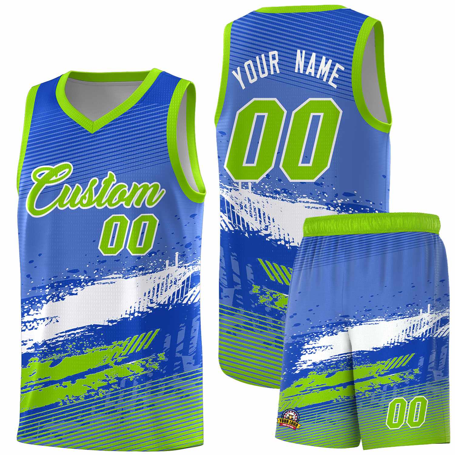 Custom Royal White and Neon Green Graffiti Pattern Sports Uniform Basketball Jersey