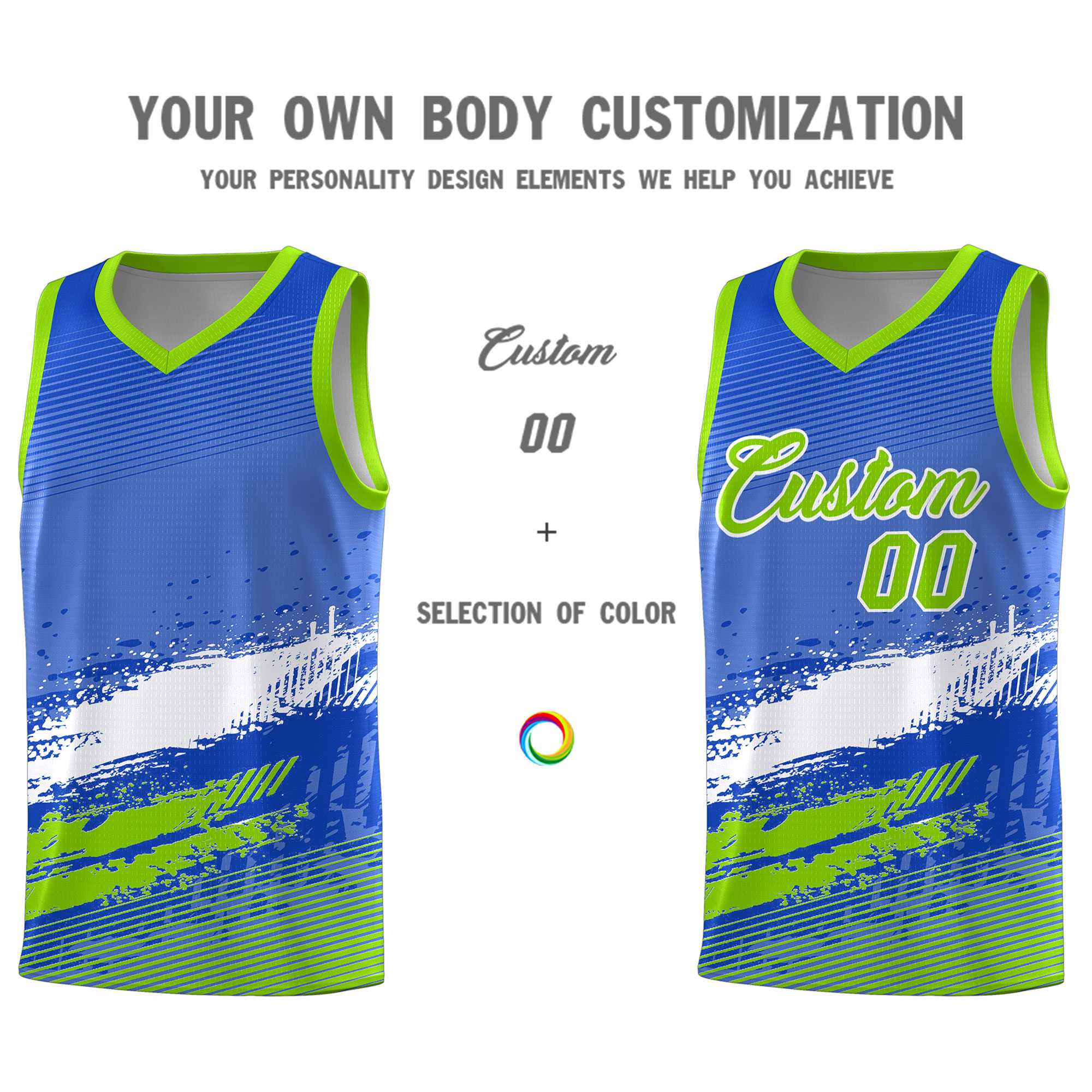 Custom Royal White and Neon Green Graffiti Pattern Sports Uniform Basketball Jersey