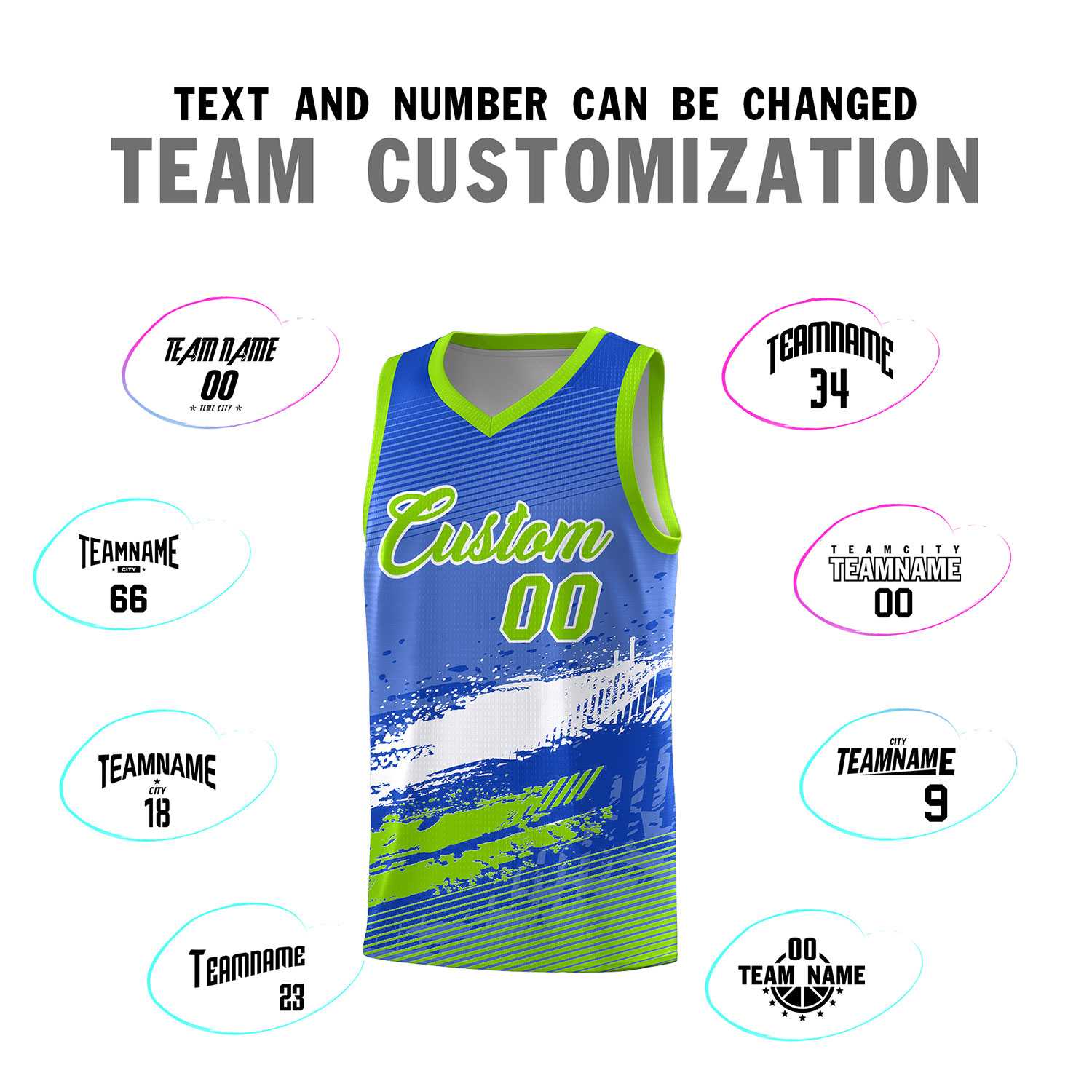 Custom Royal White and Neon Green Graffiti Pattern Sports Uniform Basketball Jersey