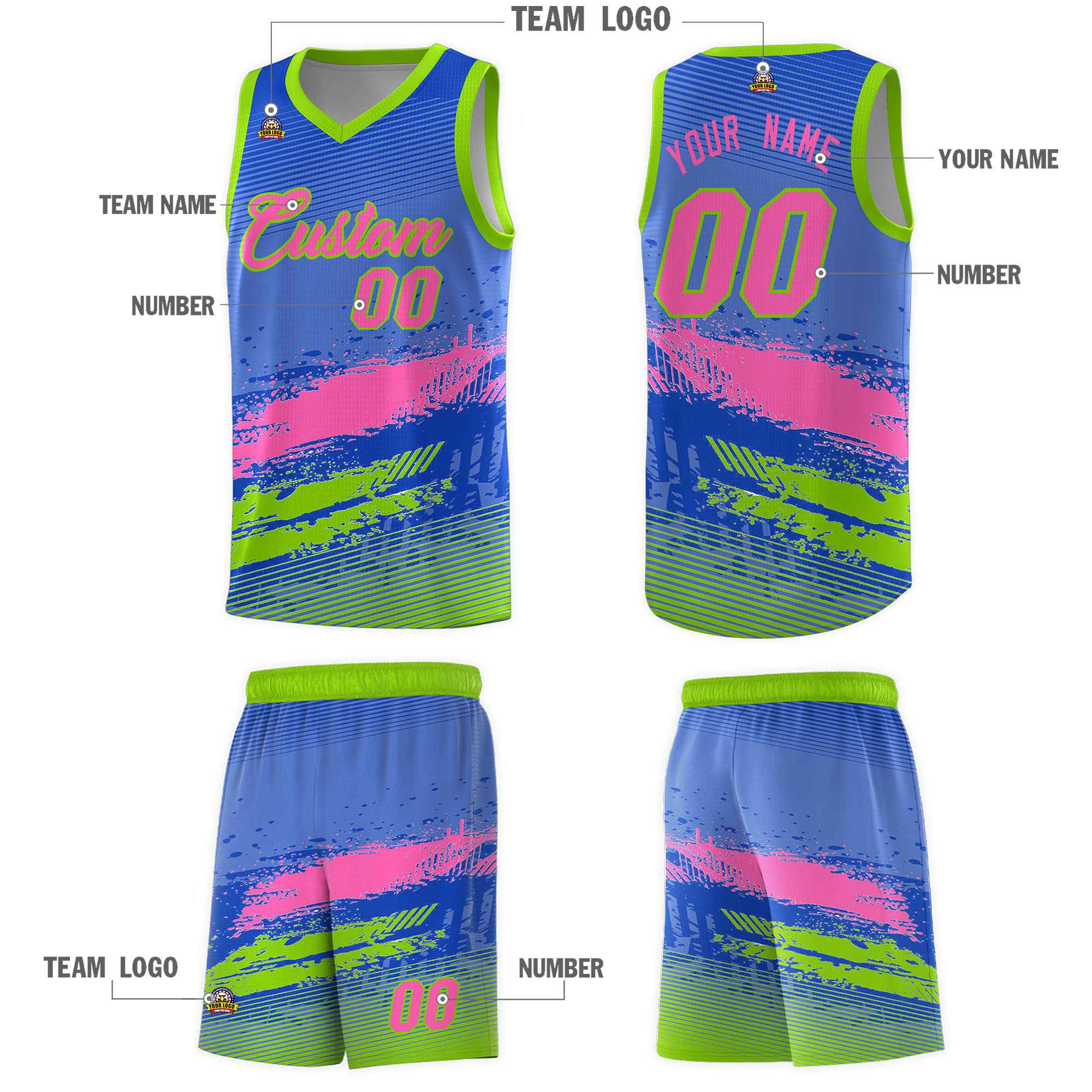 Custom Royal Pink and Neon Green Graffiti Pattern Sports Uniform Basketball Jersey