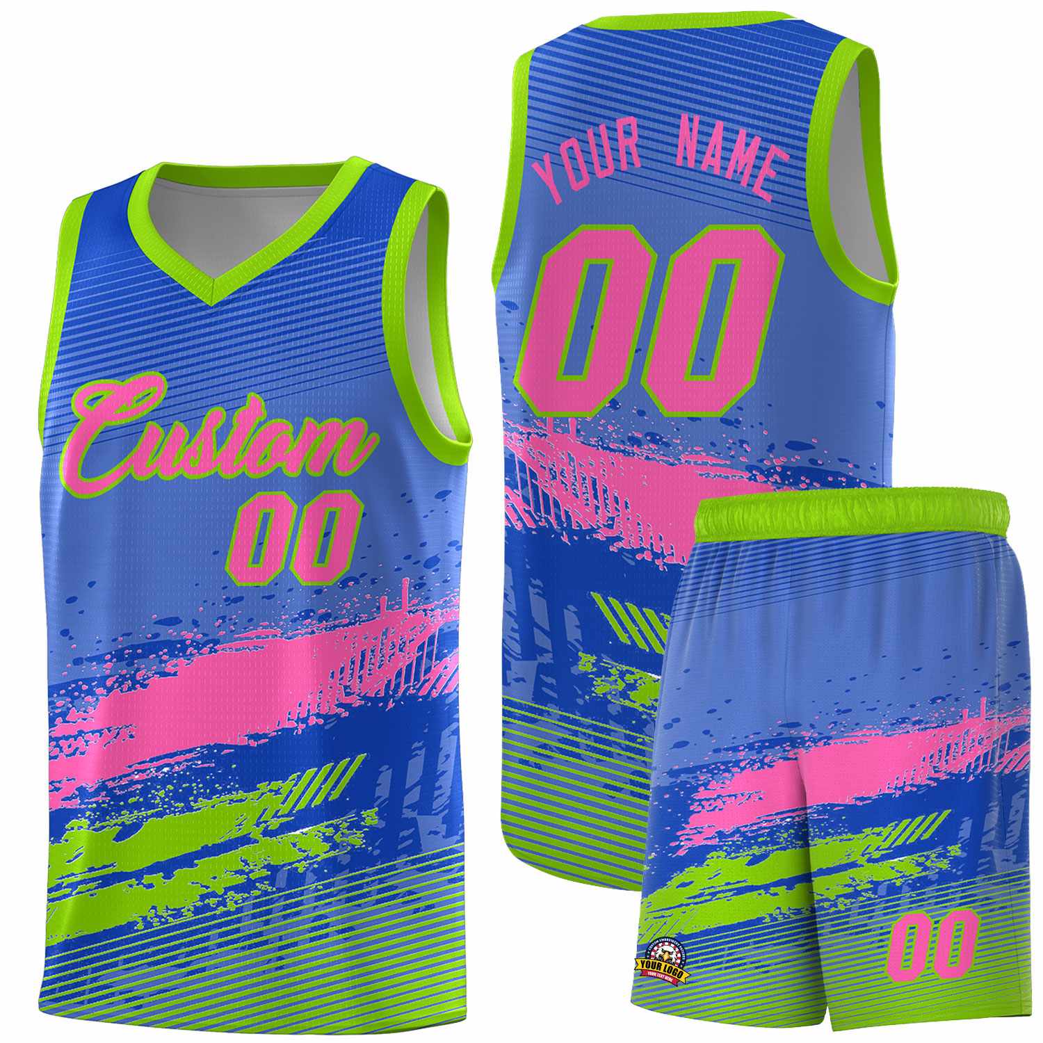 Custom Royal Pink and Neon Green Graffiti Pattern Sports Uniform Basketball Jersey