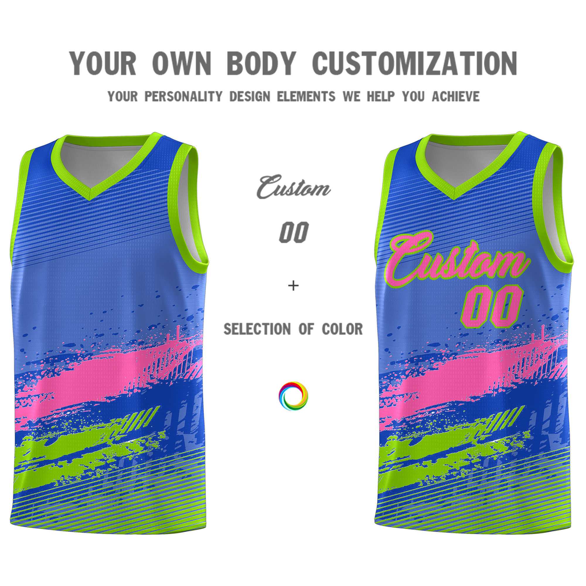 Custom Royal Pink and Neon Green Graffiti Pattern Sports Uniform Basketball Jersey