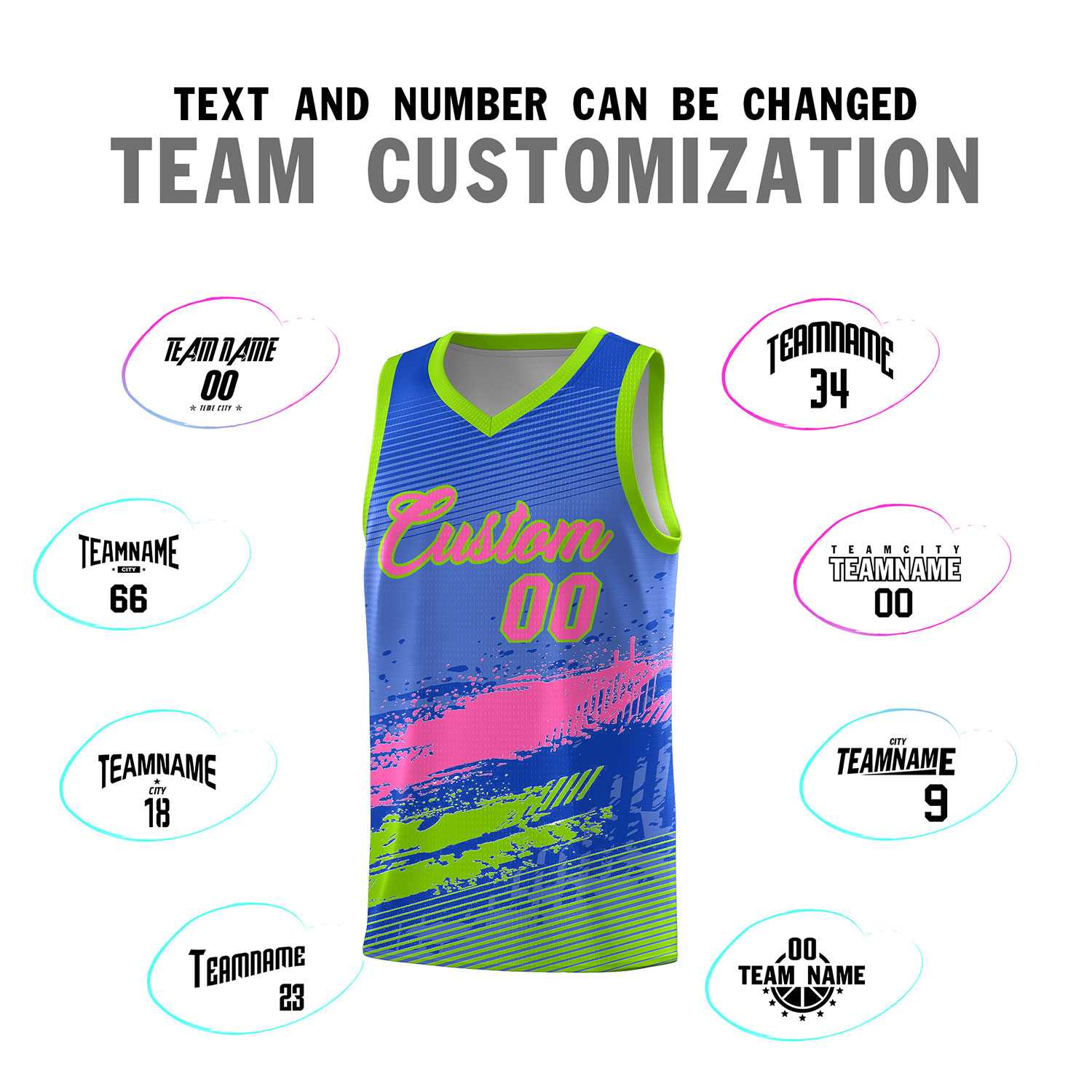 Custom Royal Pink and Neon Green Graffiti Pattern Sports Uniform Basketball Jersey