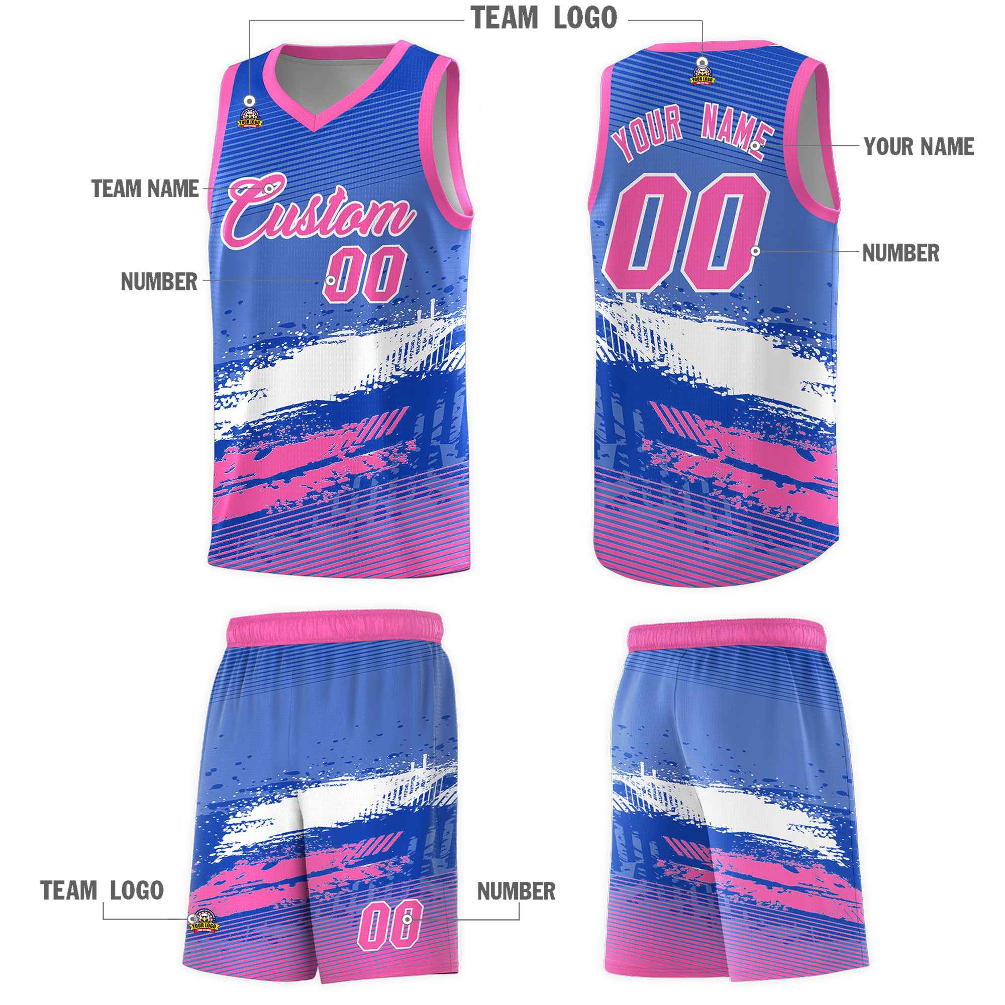 Custom Royal White and Pink Graffiti Pattern Sports Uniform Basketball Jersey