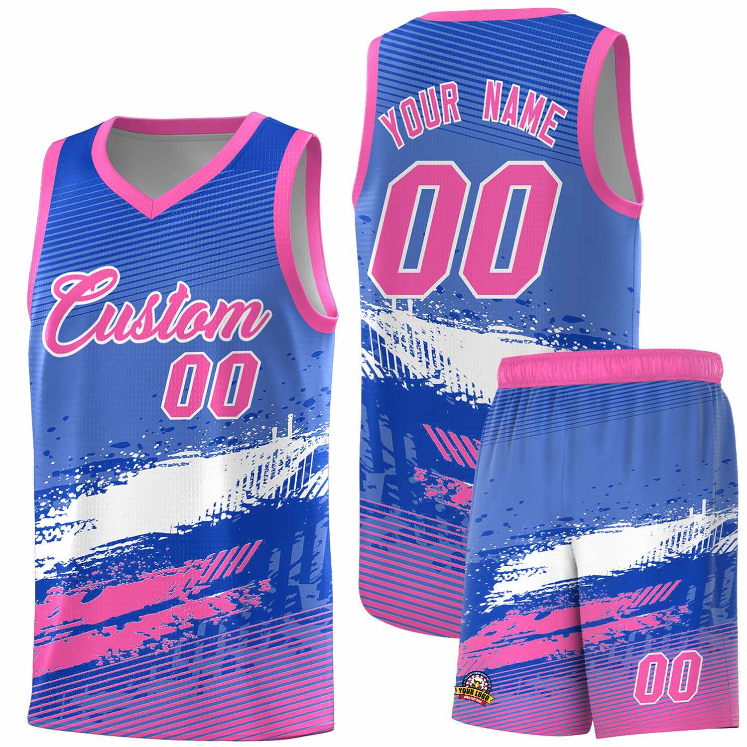 Custom Royal White and Pink Graffiti Pattern Sports Uniform Basketball Jersey