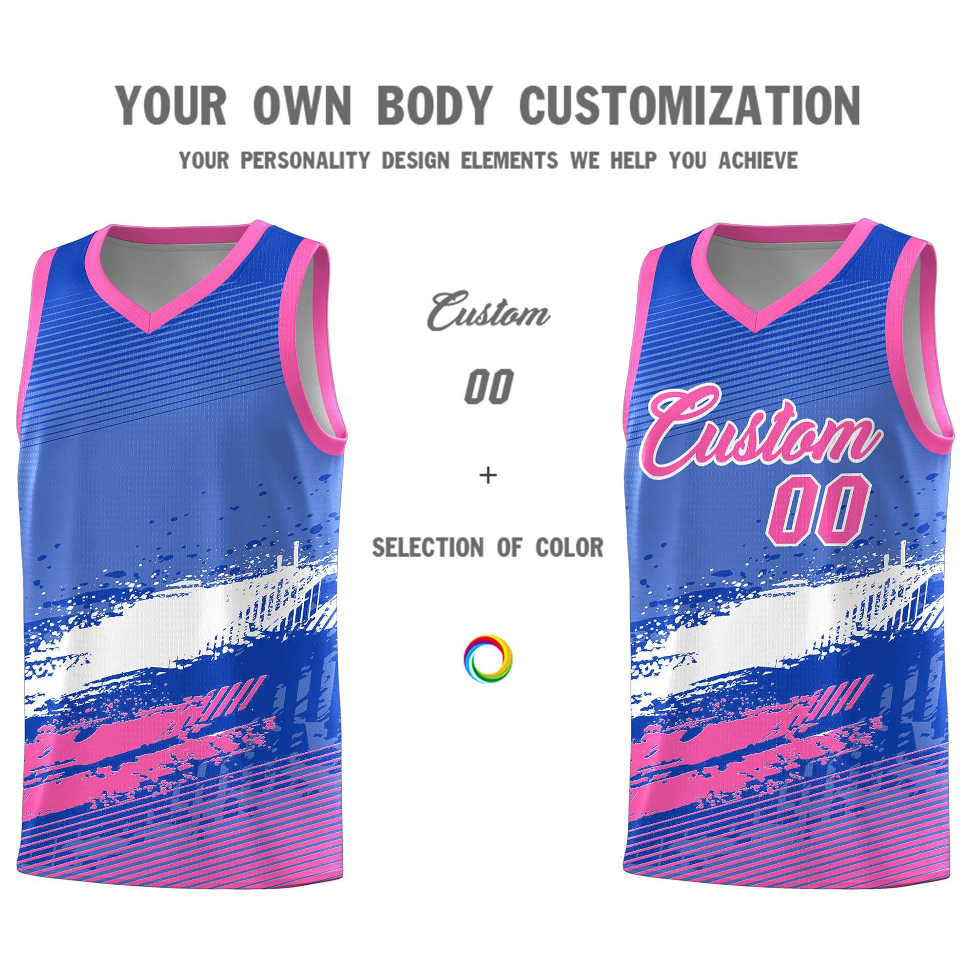 Custom Royal White and Pink Graffiti Pattern Sports Uniform Basketball Jersey