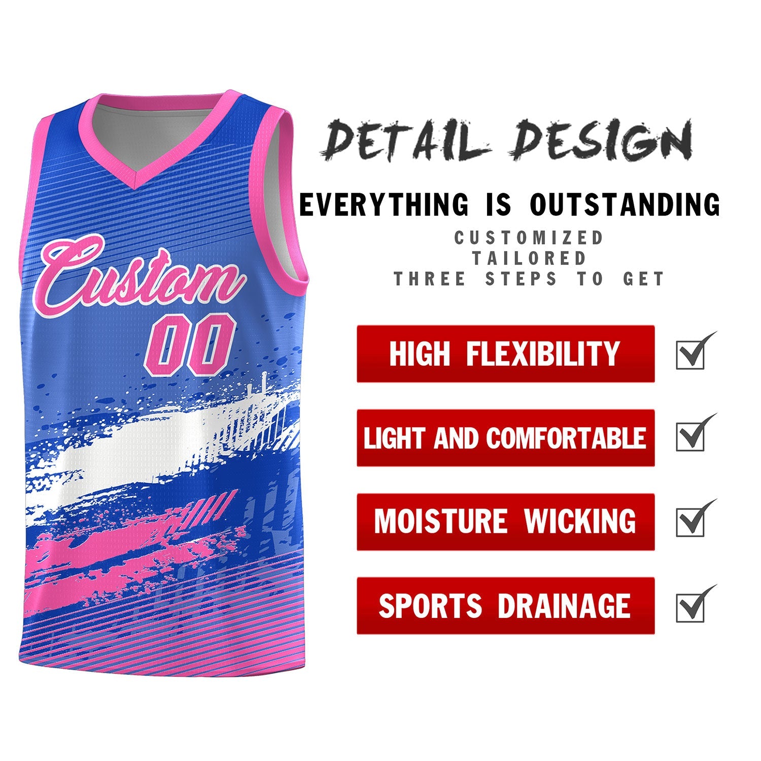 Custom Royal White and Pink Graffiti Pattern Sports Uniform Basketball Jersey