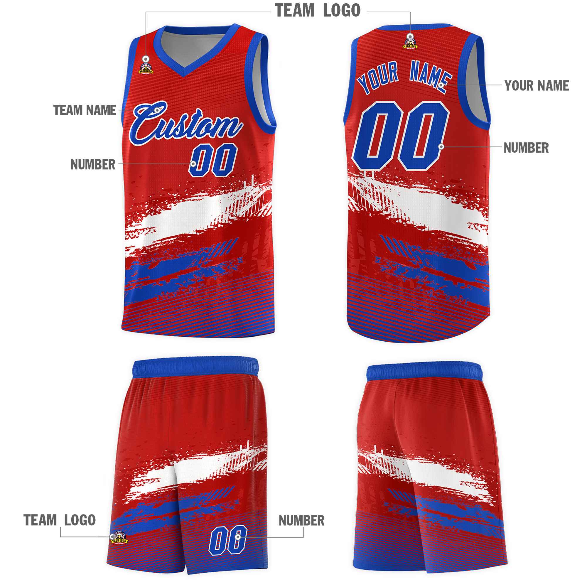 Custom Red White and Royal Graffiti Pattern Sports Uniform Basketball Jersey