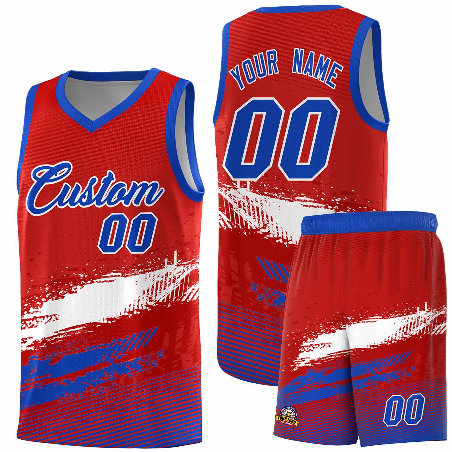 Custom Red White and Royal Graffiti Pattern Sports Uniform Basketball Jersey