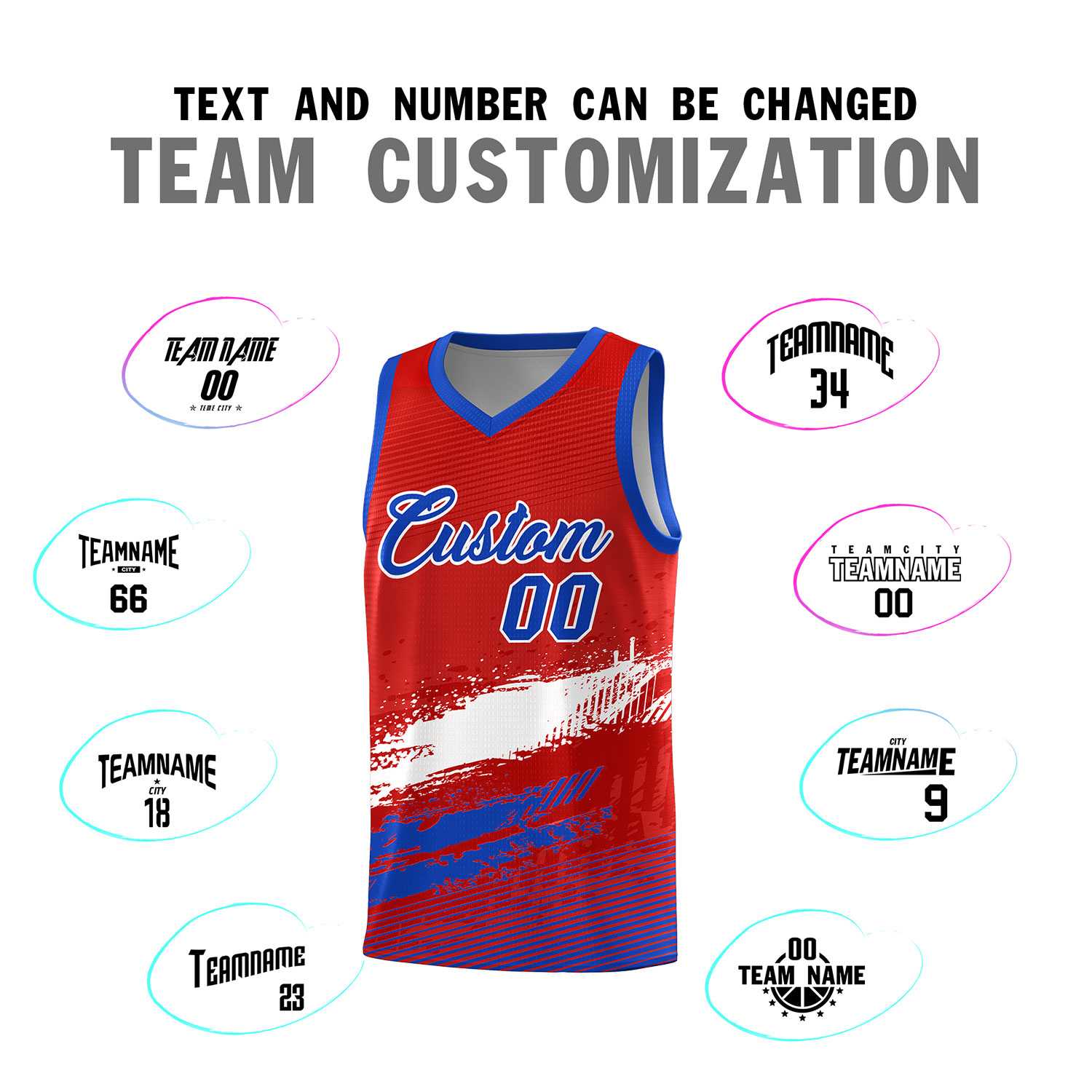 Custom Red White and Royal Graffiti Pattern Sports Uniform Basketball Jersey