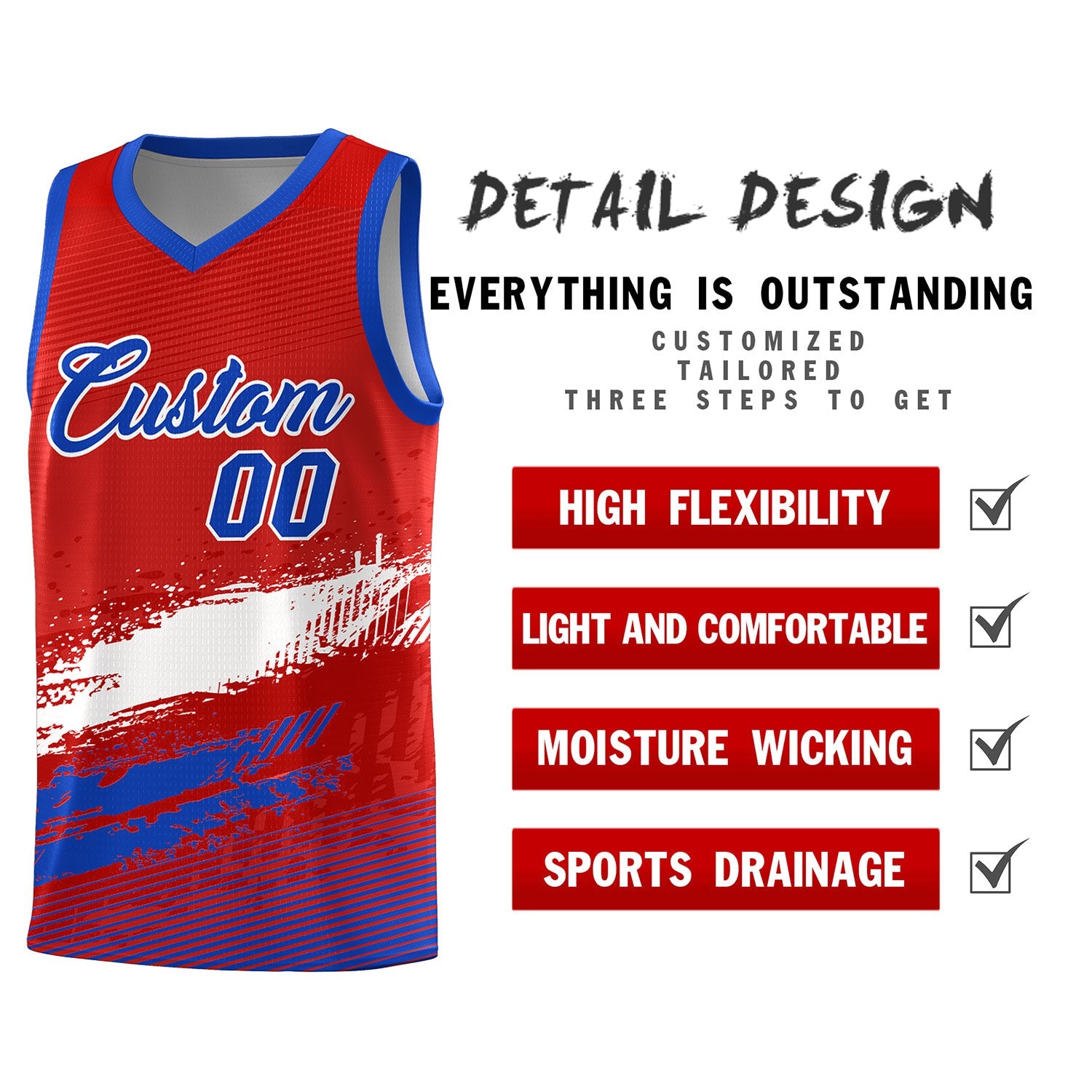 Custom Red White and Royal Graffiti Pattern Sports Uniform Basketball Jersey