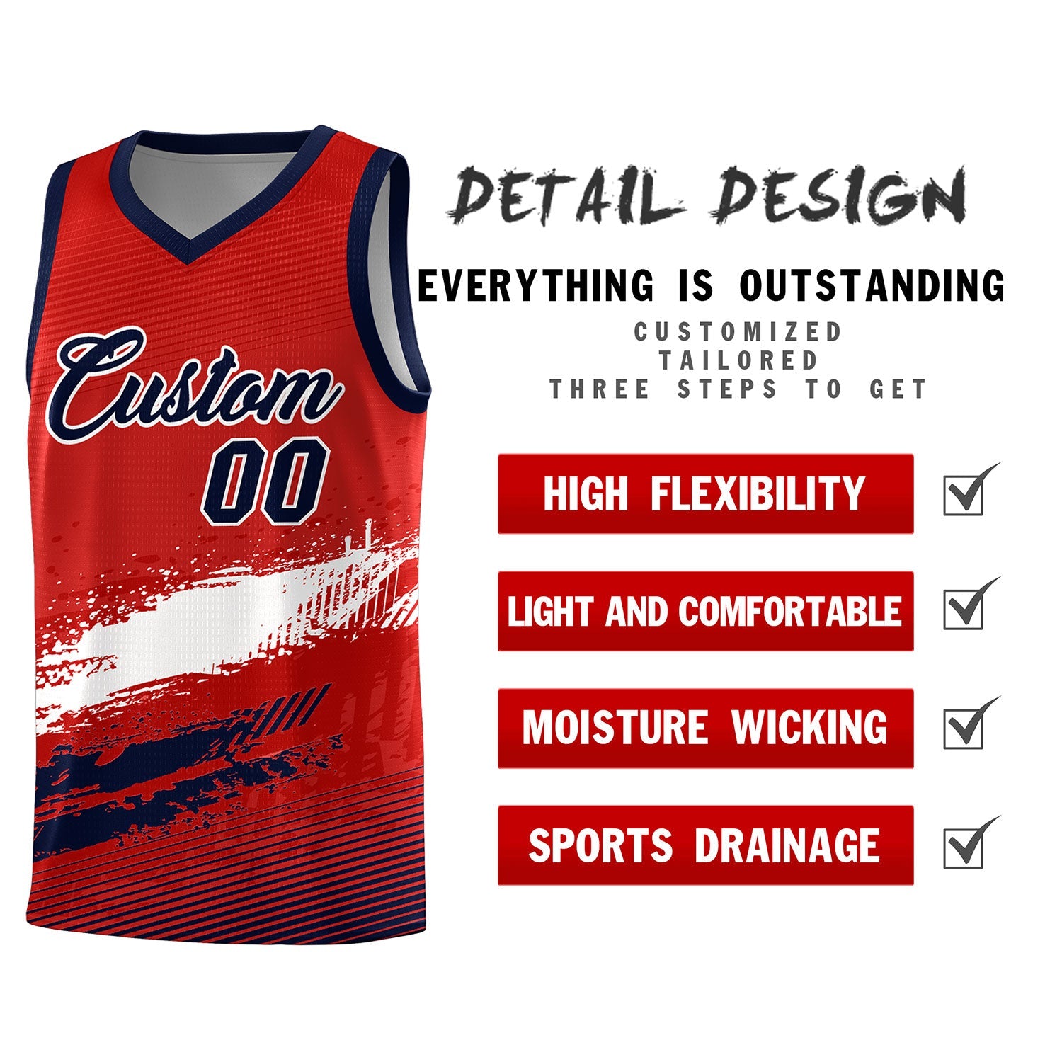 Custom Red White and Navy Graffiti Pattern Sports Uniform Basketball Jersey