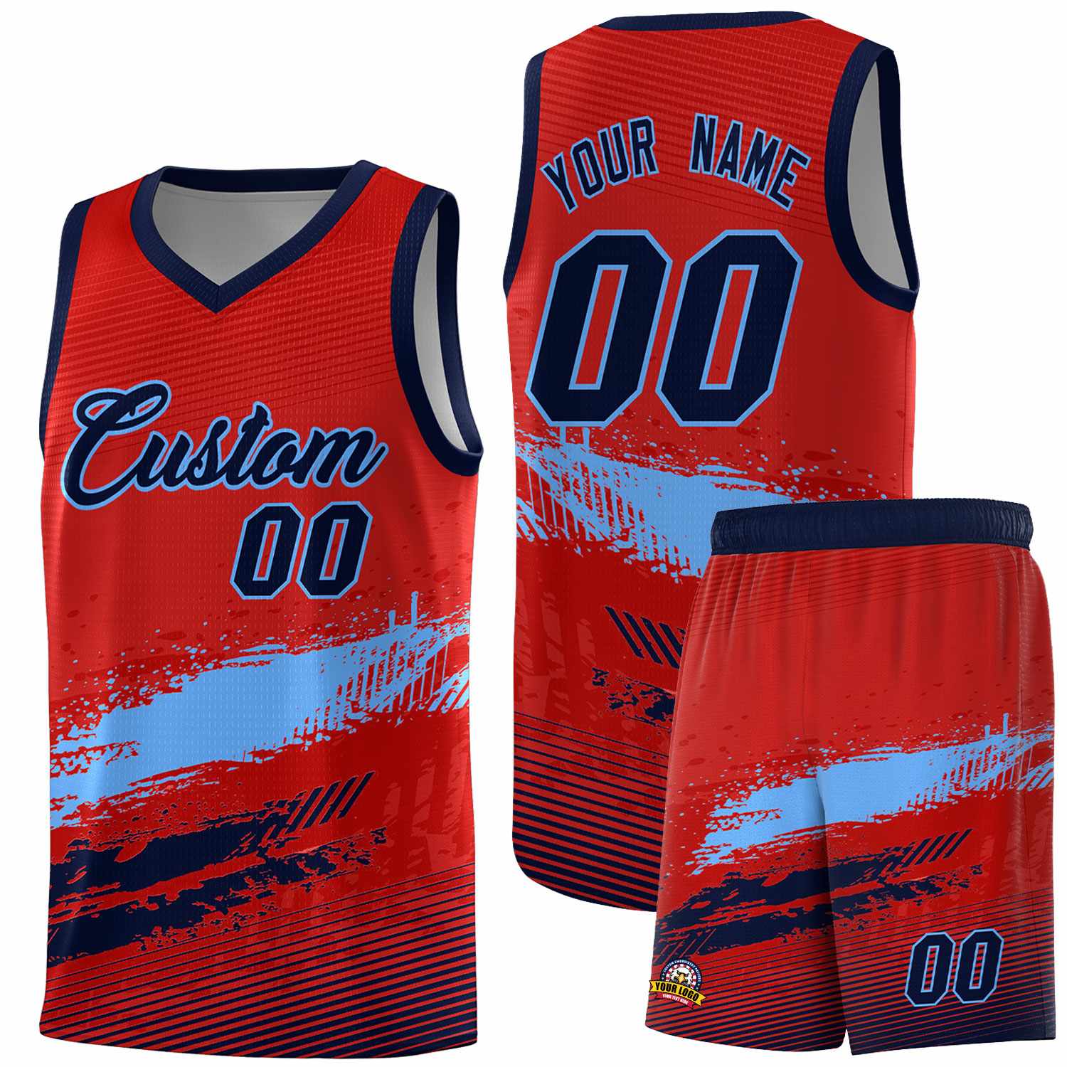 Custom Red Powder Blue and Navy Graffiti Pattern Sports Uniform Basketball Jersey