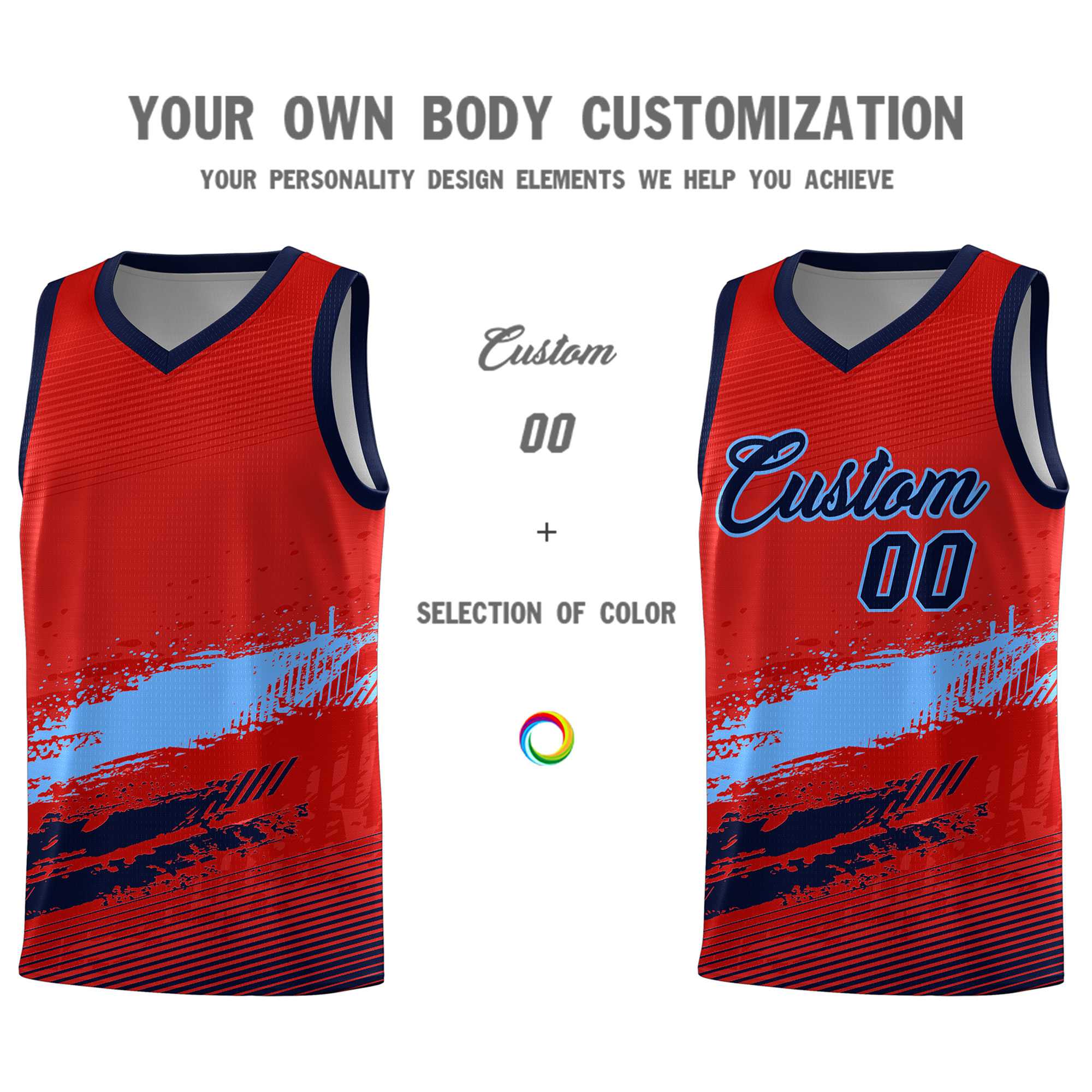 Custom Red Powder Blue and Navy Graffiti Pattern Sports Uniform Basketball Jersey