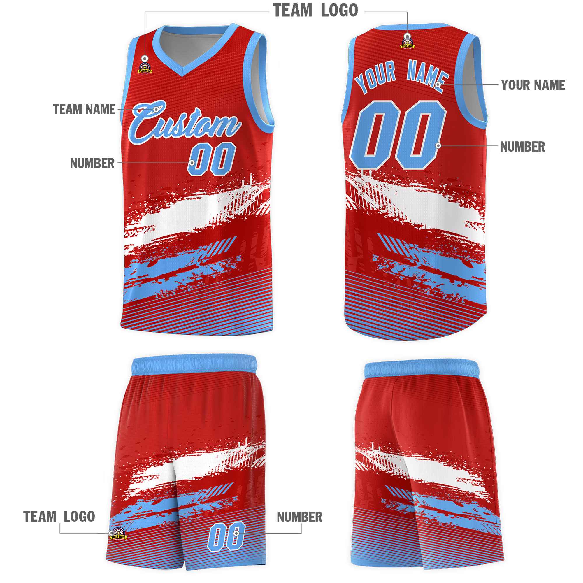 Custom Red White and Powder Blue Graffiti Pattern Sports Uniform Basketball Jersey