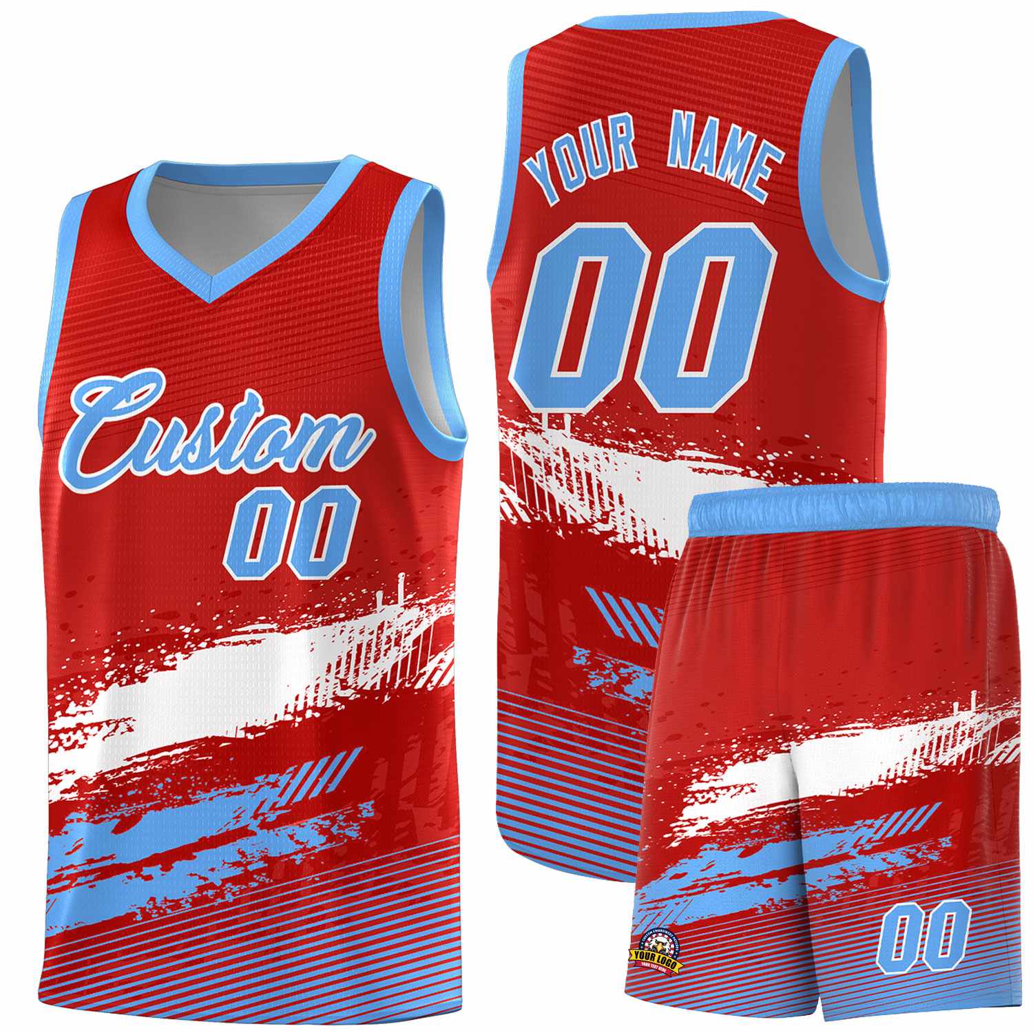 Custom Red White and Powder Blue Graffiti Pattern Sports Uniform Basketball Jersey