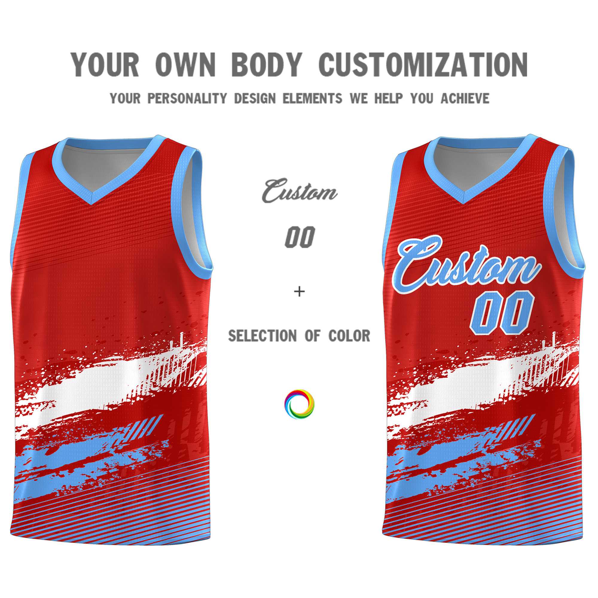 Custom Red White and Powder Blue Graffiti Pattern Sports Uniform Basketball Jersey