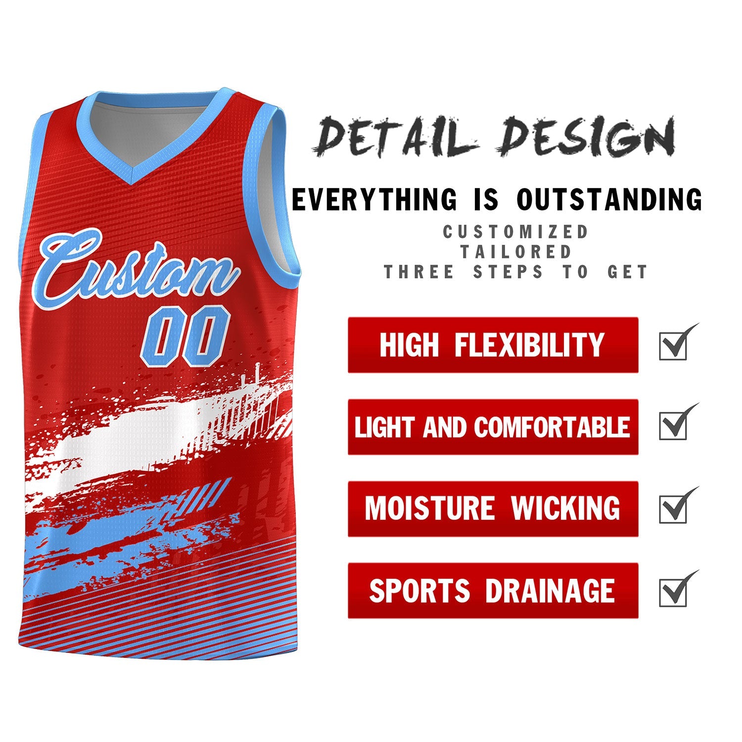 Custom Red White and Powder Blue Graffiti Pattern Sports Uniform Basketball Jersey