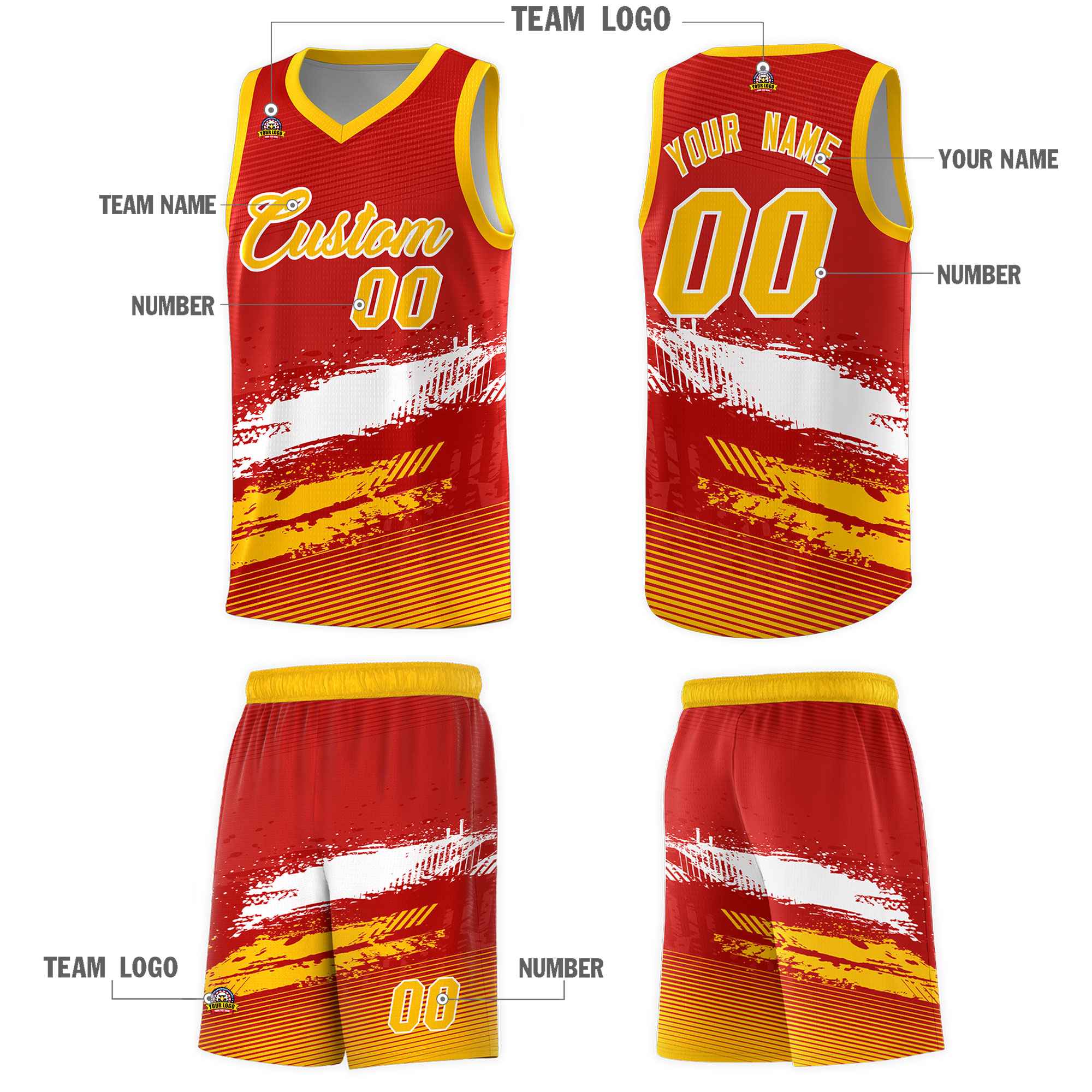 Custom Red White and Yellow Graffiti Pattern Sports Uniform Basketball Jersey