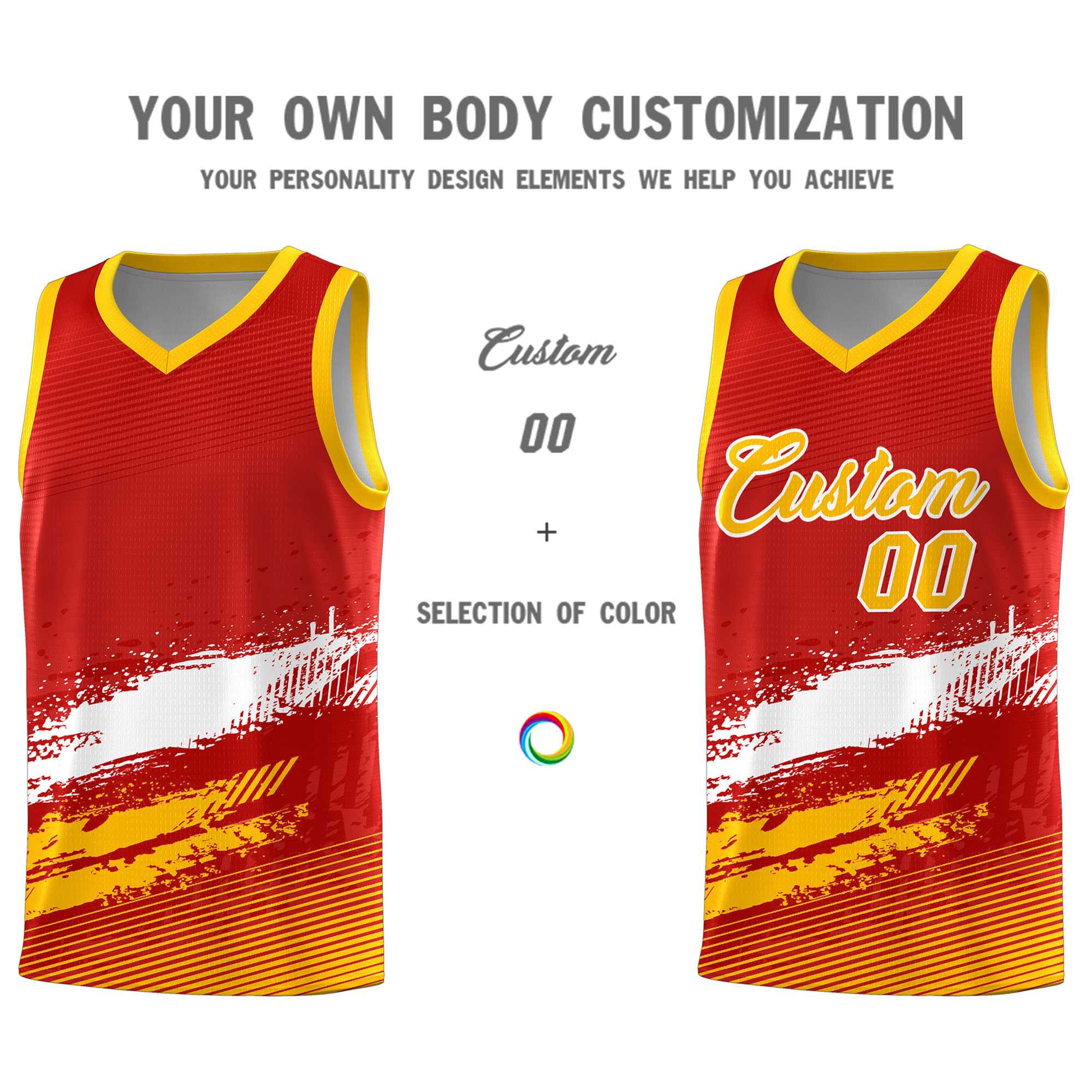 Custom Red White and Yellow Graffiti Pattern Sports Uniform Basketball Jersey