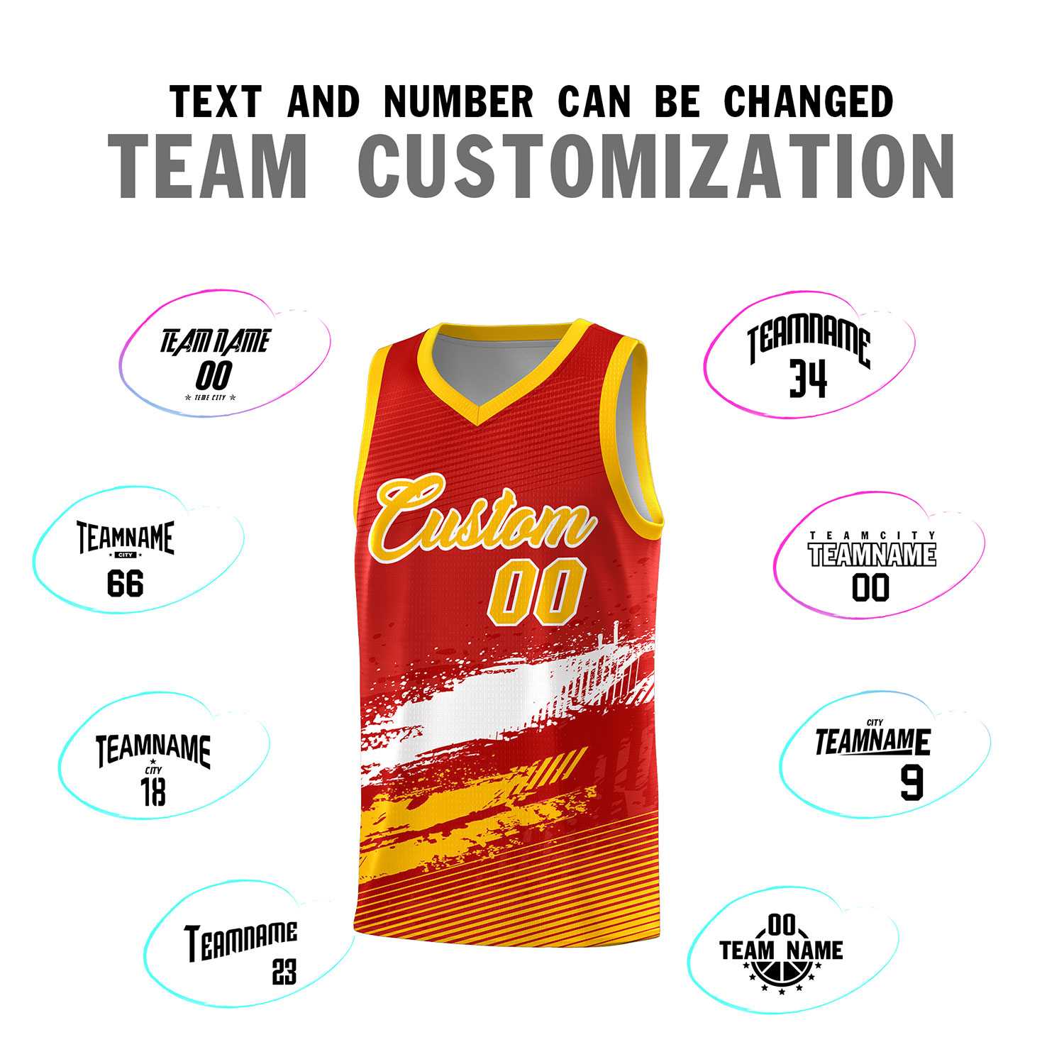 Custom Red White and Yellow Graffiti Pattern Sports Uniform Basketball Jersey