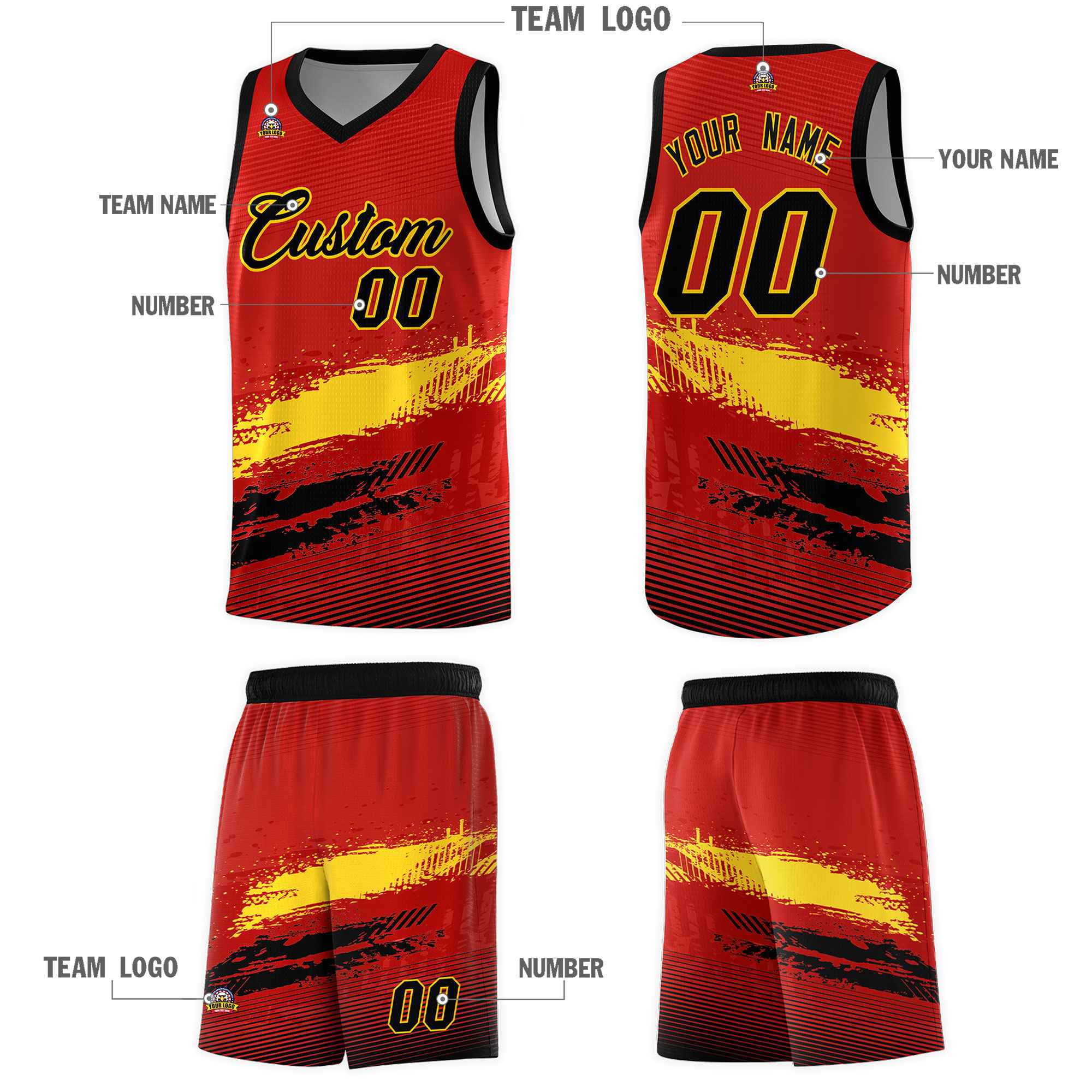 Custom Red Gold and Black Graffiti Pattern Sports Uniform Basketball Jersey