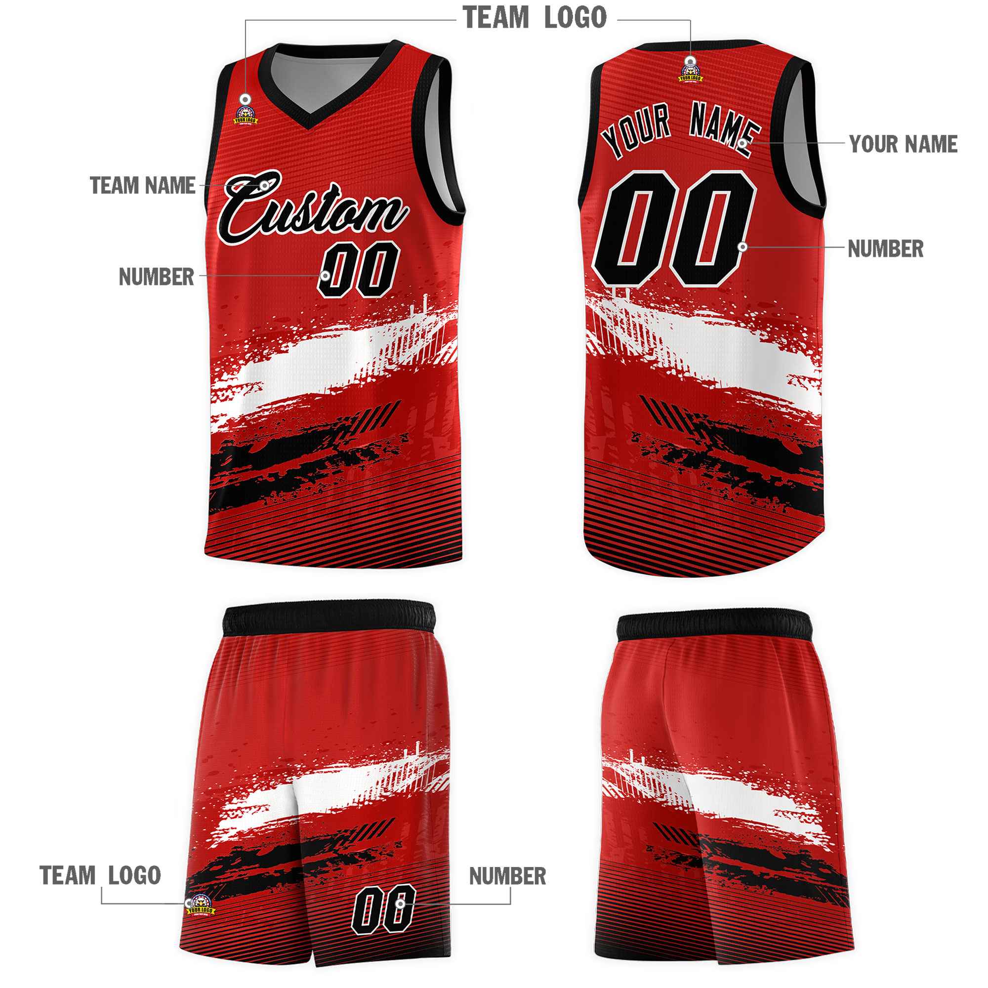 Custom Red White and Black Graffiti Pattern Sports Uniform Basketball Jersey