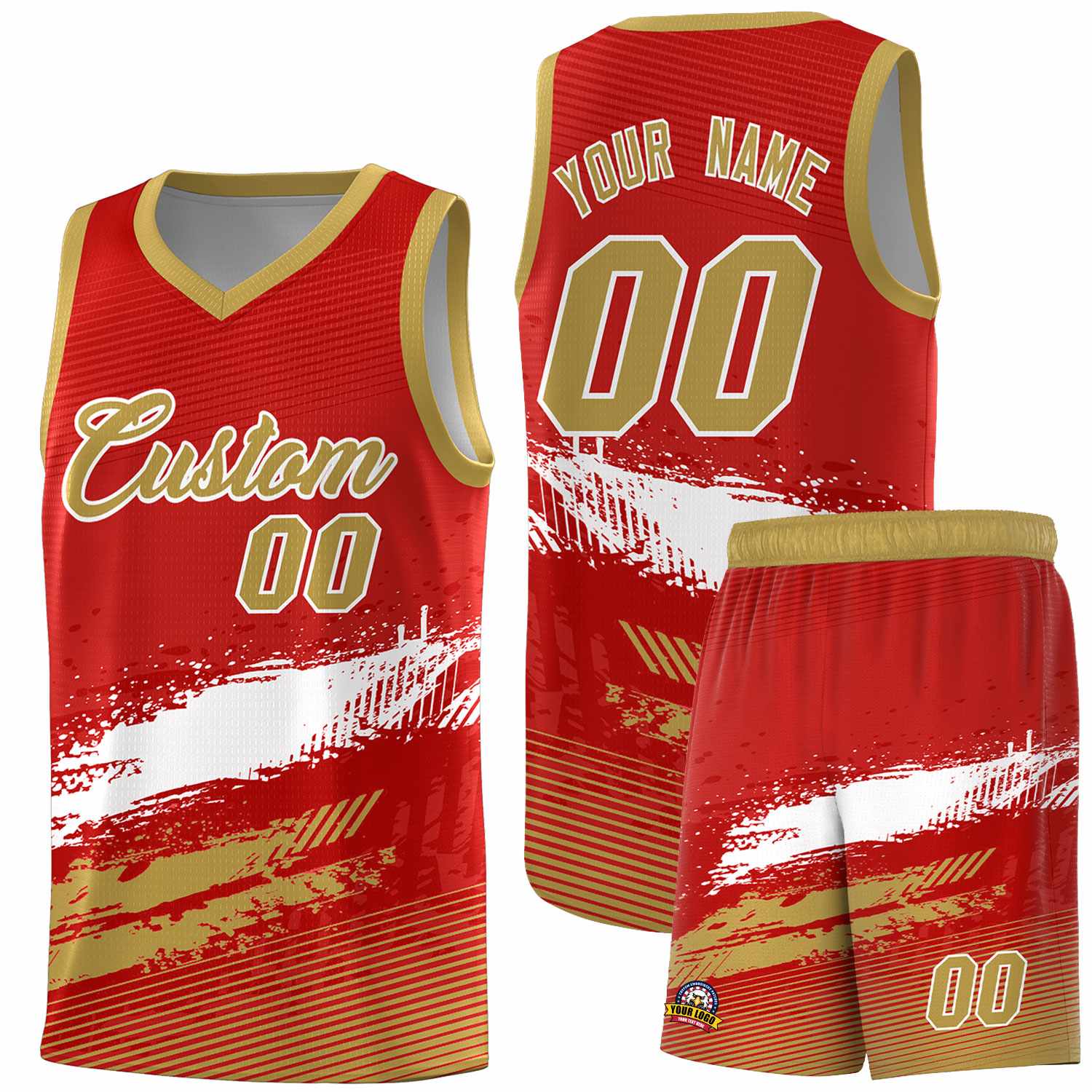 Custom Red White and Old Gold Graffiti Pattern Sports Uniform Basketball Jersey