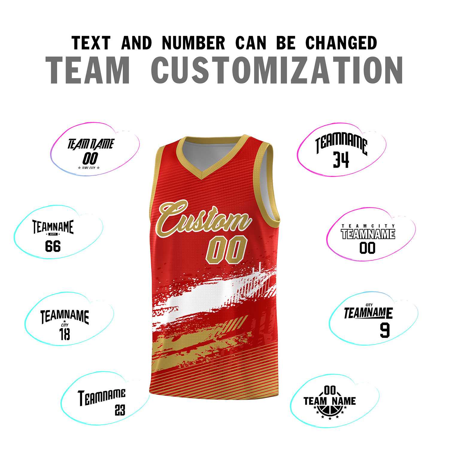 Custom Red White and Old Gold Graffiti Pattern Sports Uniform Basketball Jersey