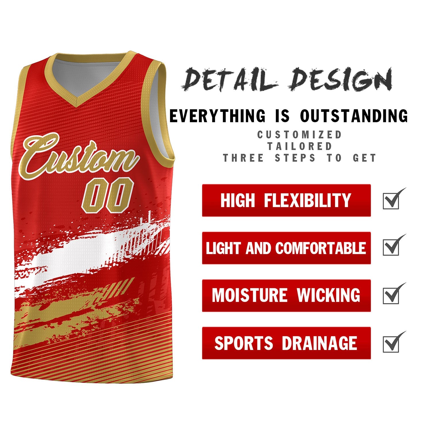 Custom Red White and Old Gold Graffiti Pattern Sports Uniform Basketball Jersey