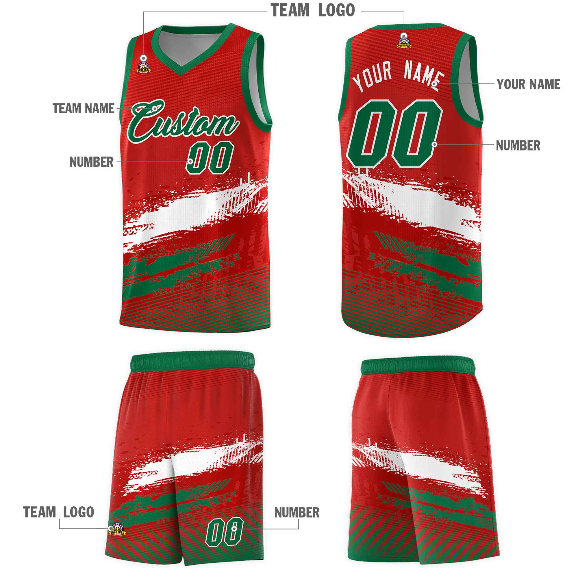 Custom Red White and Kelly Green Graffiti Pattern Sports Uniform Basketball Jersey