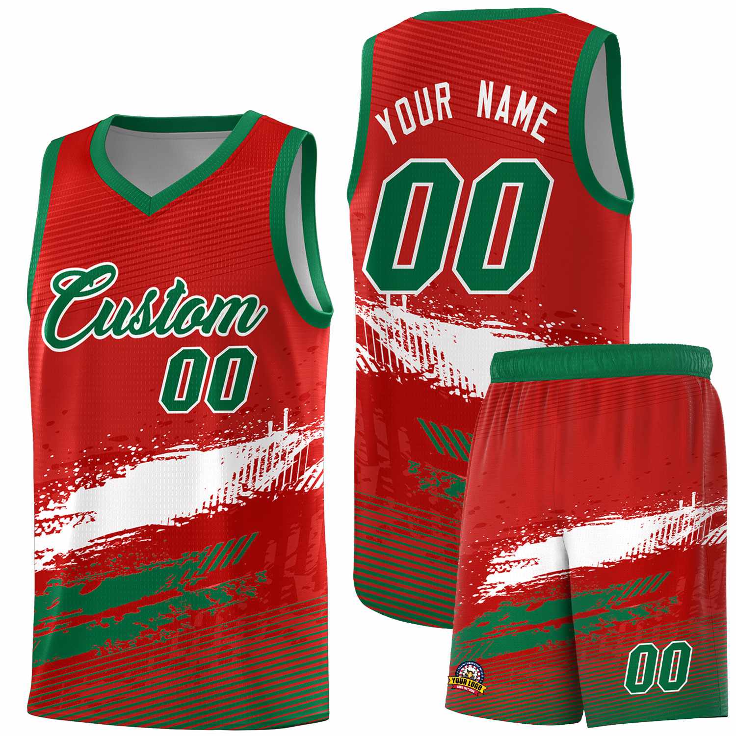 Custom Red White and Kelly Green Graffiti Pattern Sports Uniform Basketball Jersey