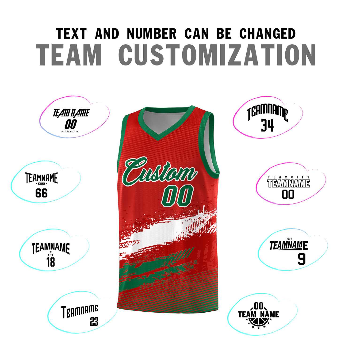 Custom Red White and Kelly Green Graffiti Pattern Sports Uniform Basketball Jersey