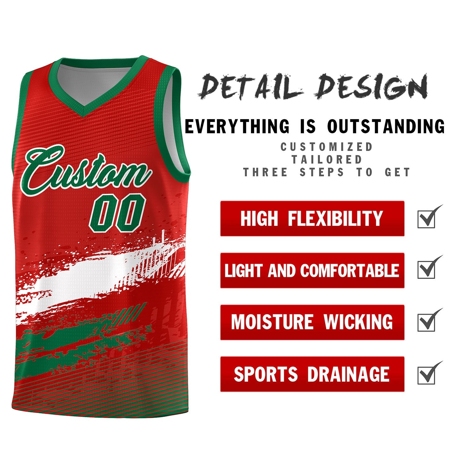 Custom Red White and Kelly Green Graffiti Pattern Sports Uniform Basketball Jersey