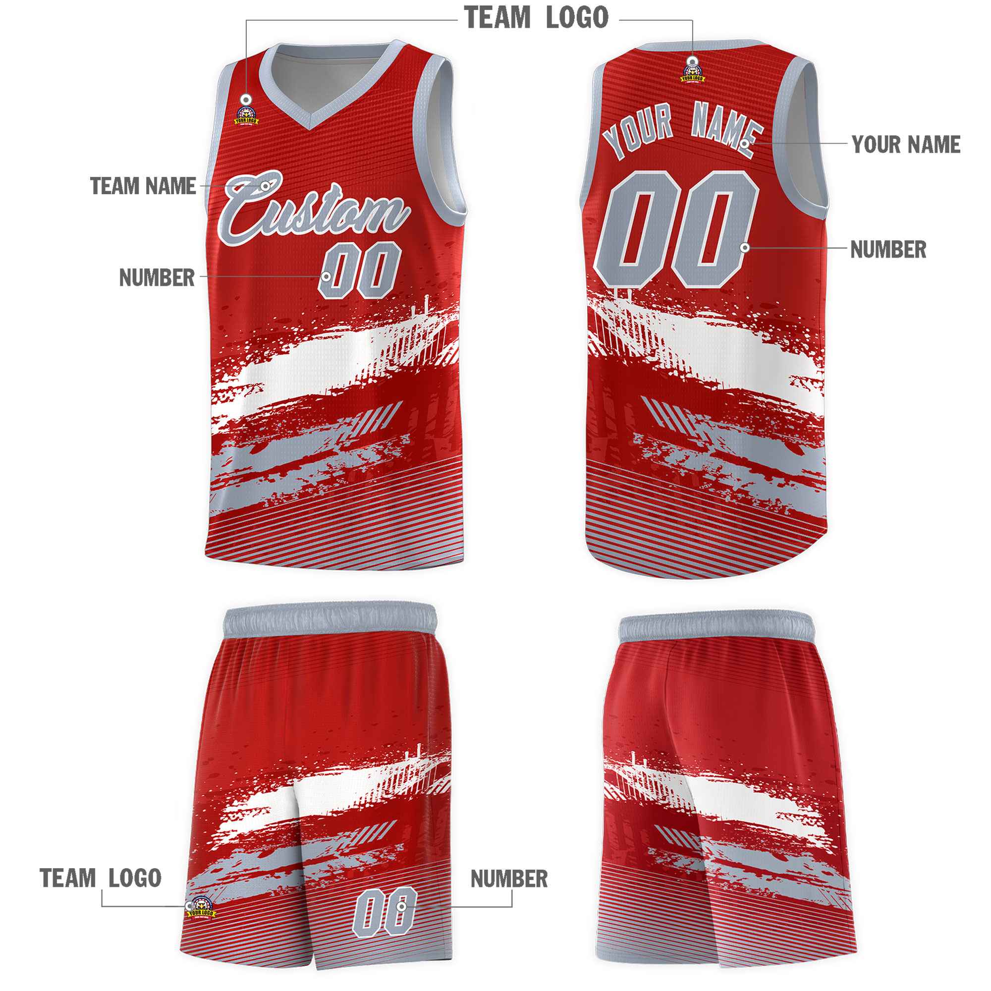 Custom Red White and Gray Graffiti Pattern Sports Uniform Basketball Jersey