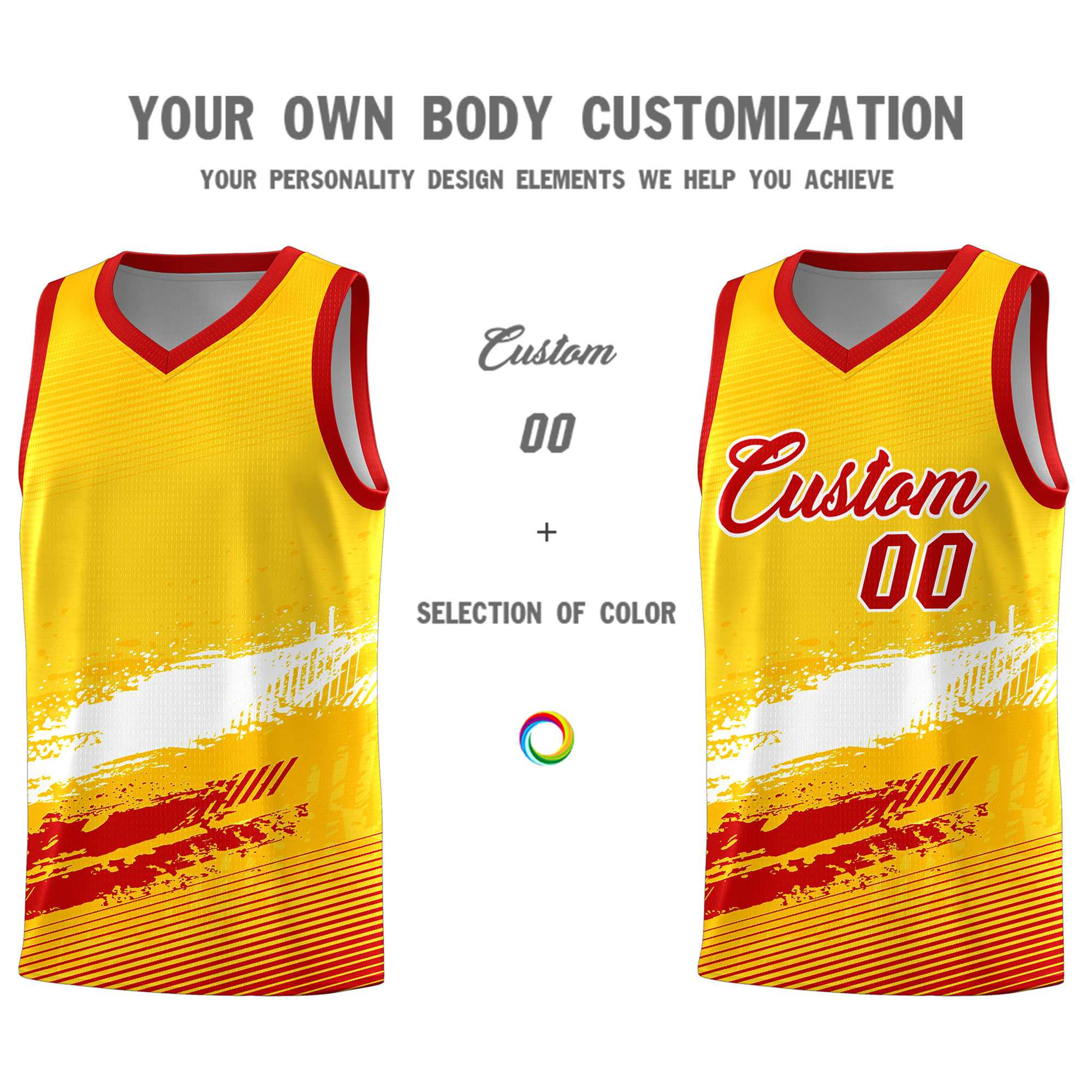 Custom Yellow White and Red Graffiti Pattern Sports Uniform Basketball Jersey