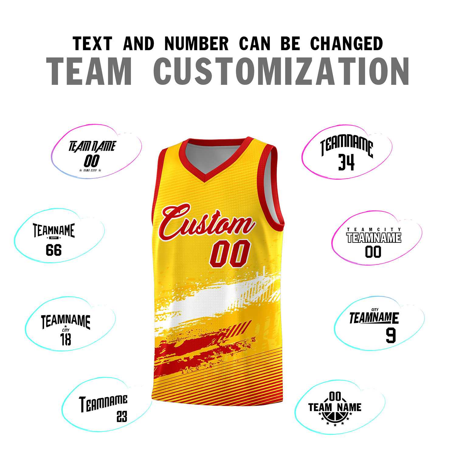 Custom Yellow White and Red Graffiti Pattern Sports Uniform Basketball Jersey