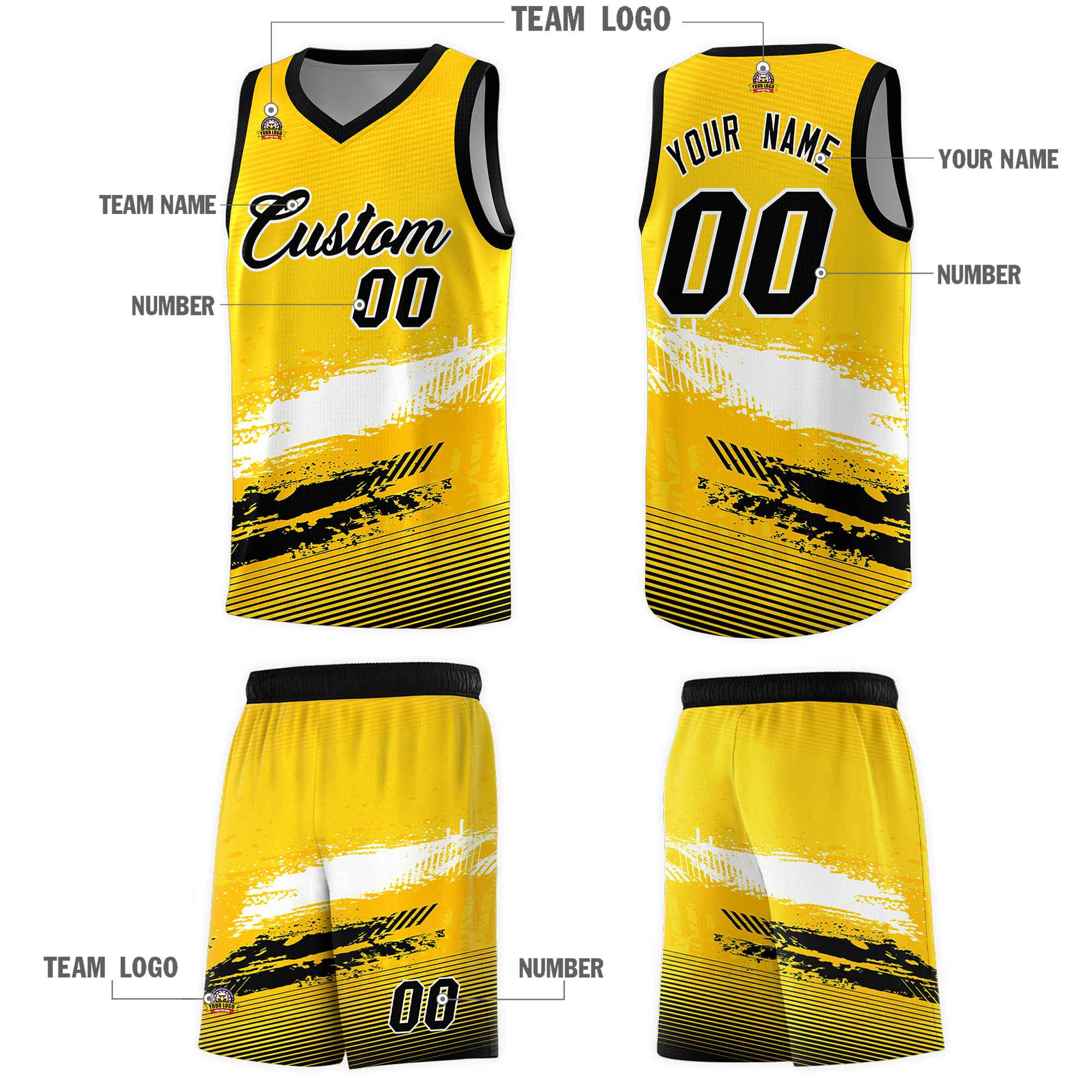 Custom Yellow White and Black Graffiti Pattern Sports Uniform Basketball Jersey