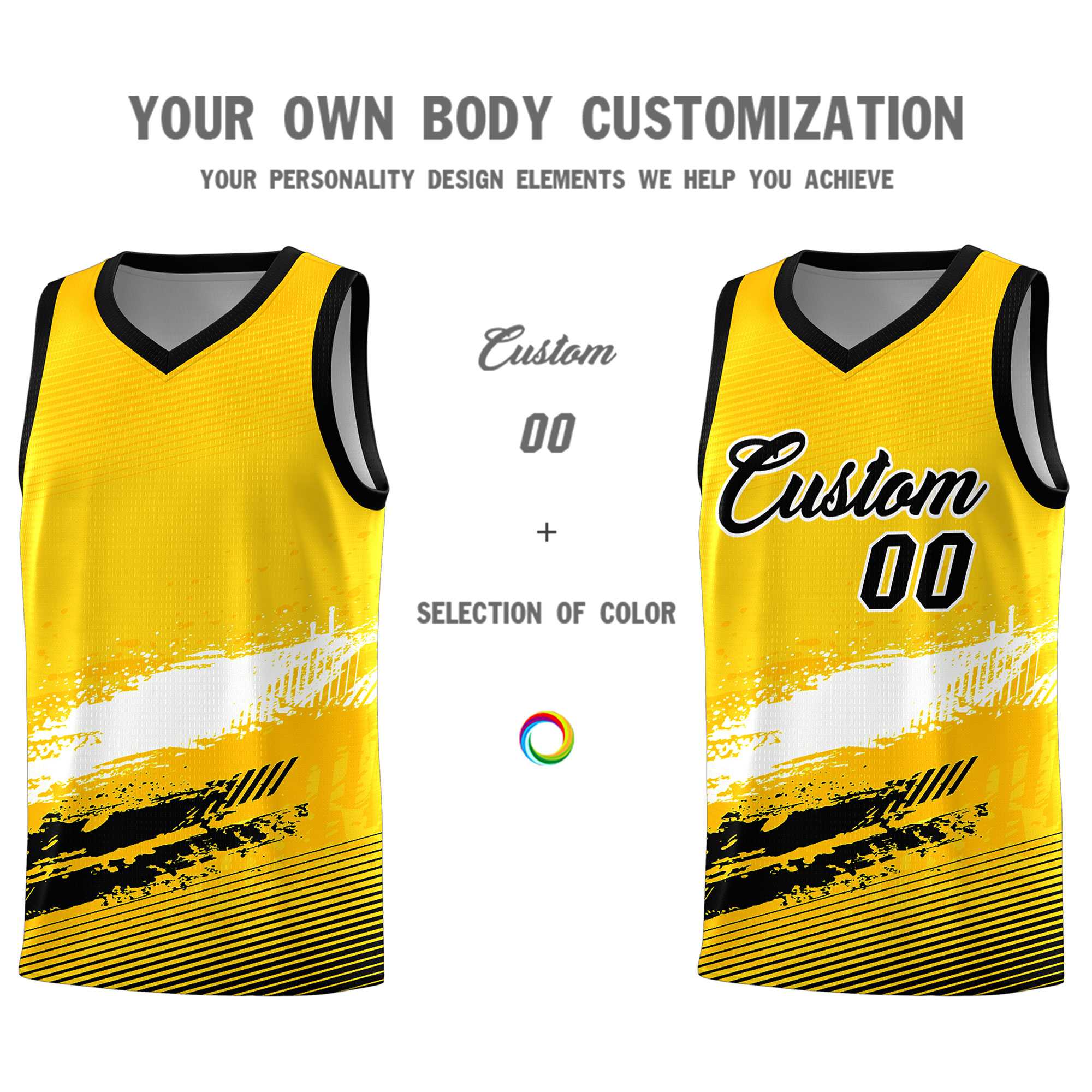 Custom Yellow White and Black Graffiti Pattern Sports Uniform Basketball Jersey