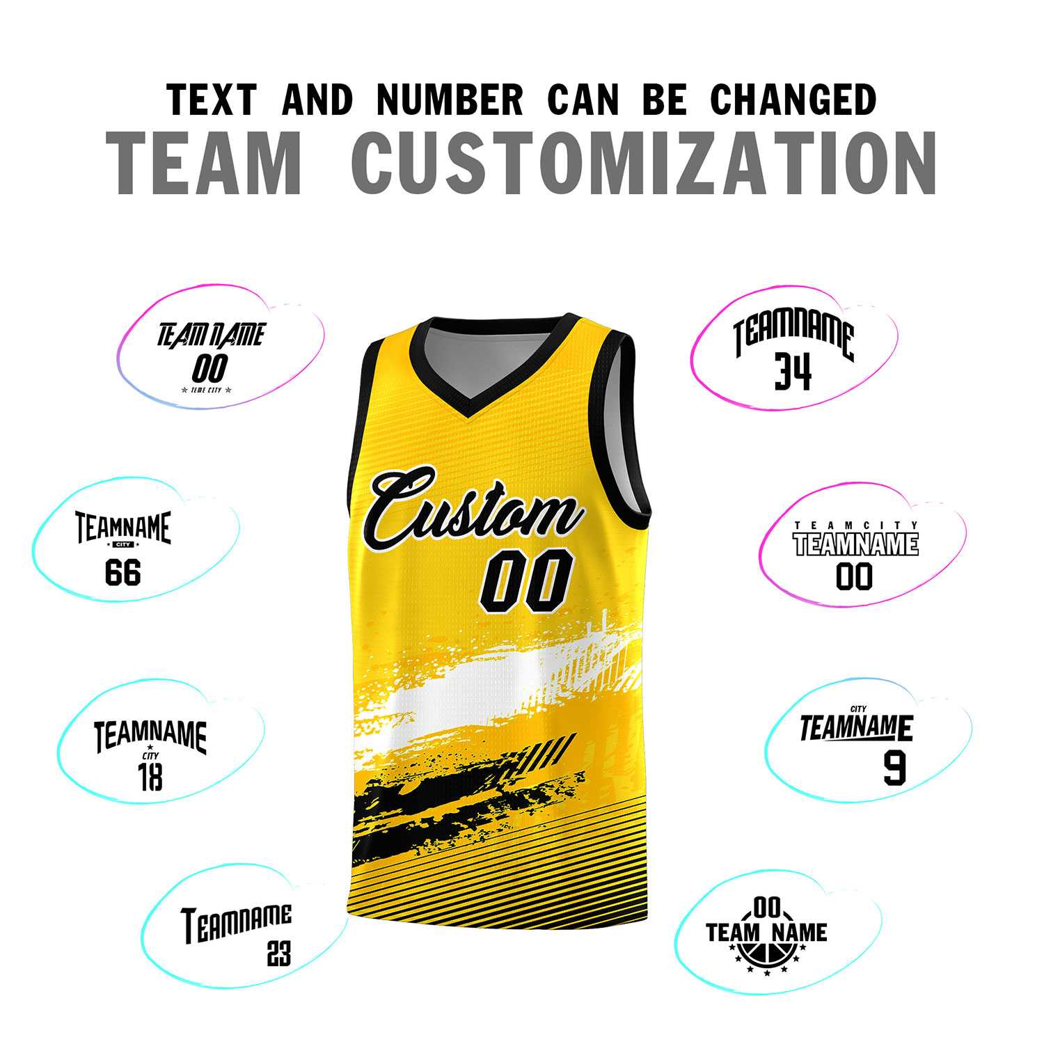 Custom Yellow White and Black Graffiti Pattern Sports Uniform Basketball Jersey