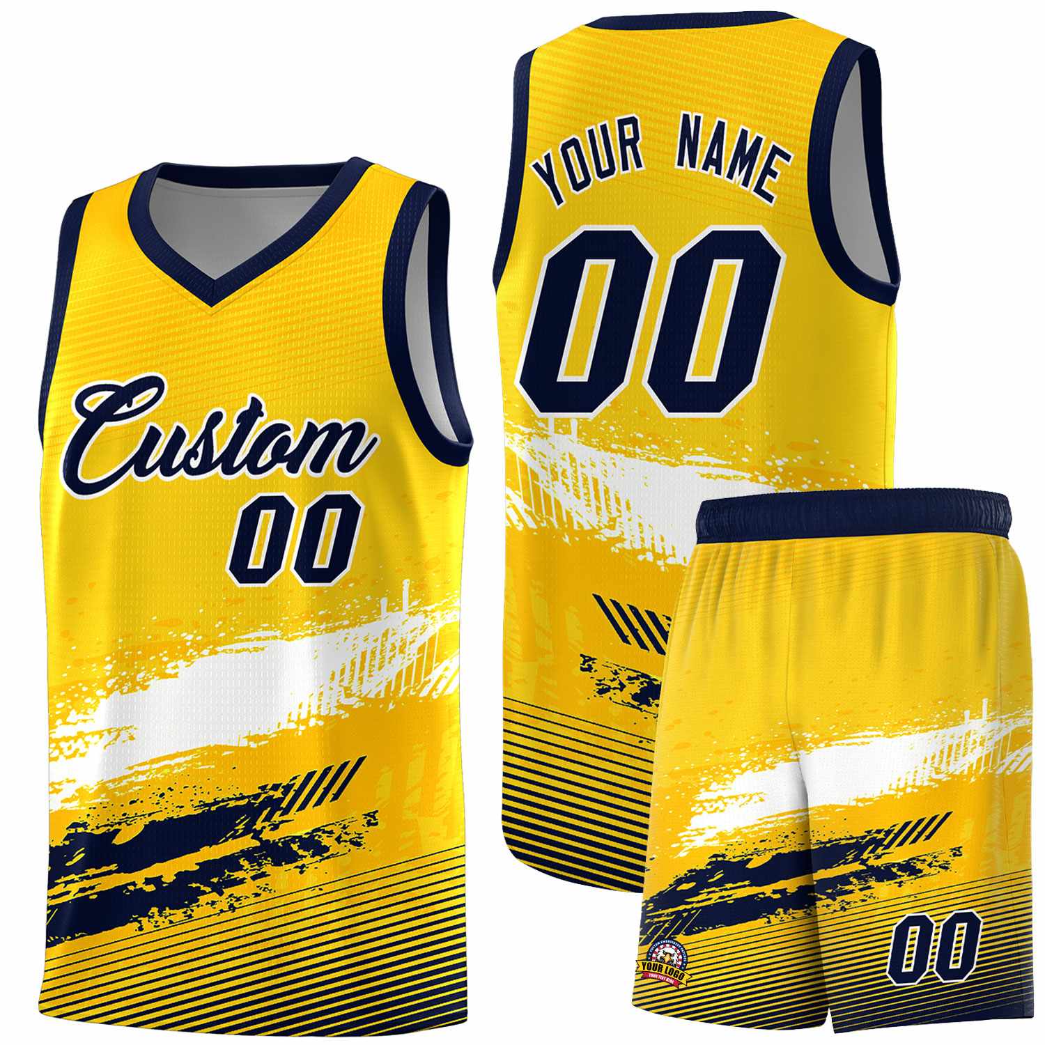 Custom Yellow White and Navy Graffiti Pattern Sports Uniform Basketball Jersey