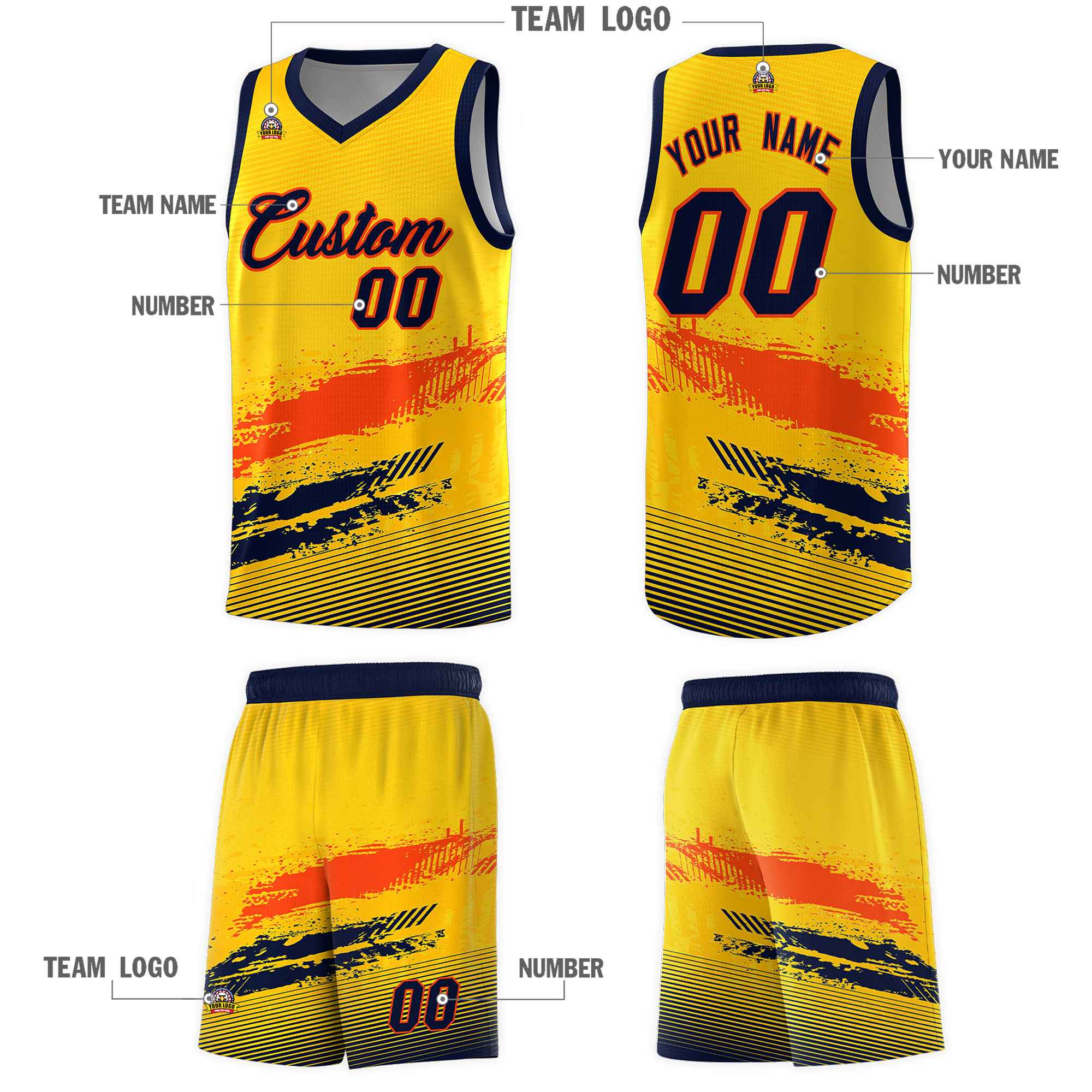 Custom Yellow Orange and Navy Graffiti Pattern Sports Uniform Basketball Jersey