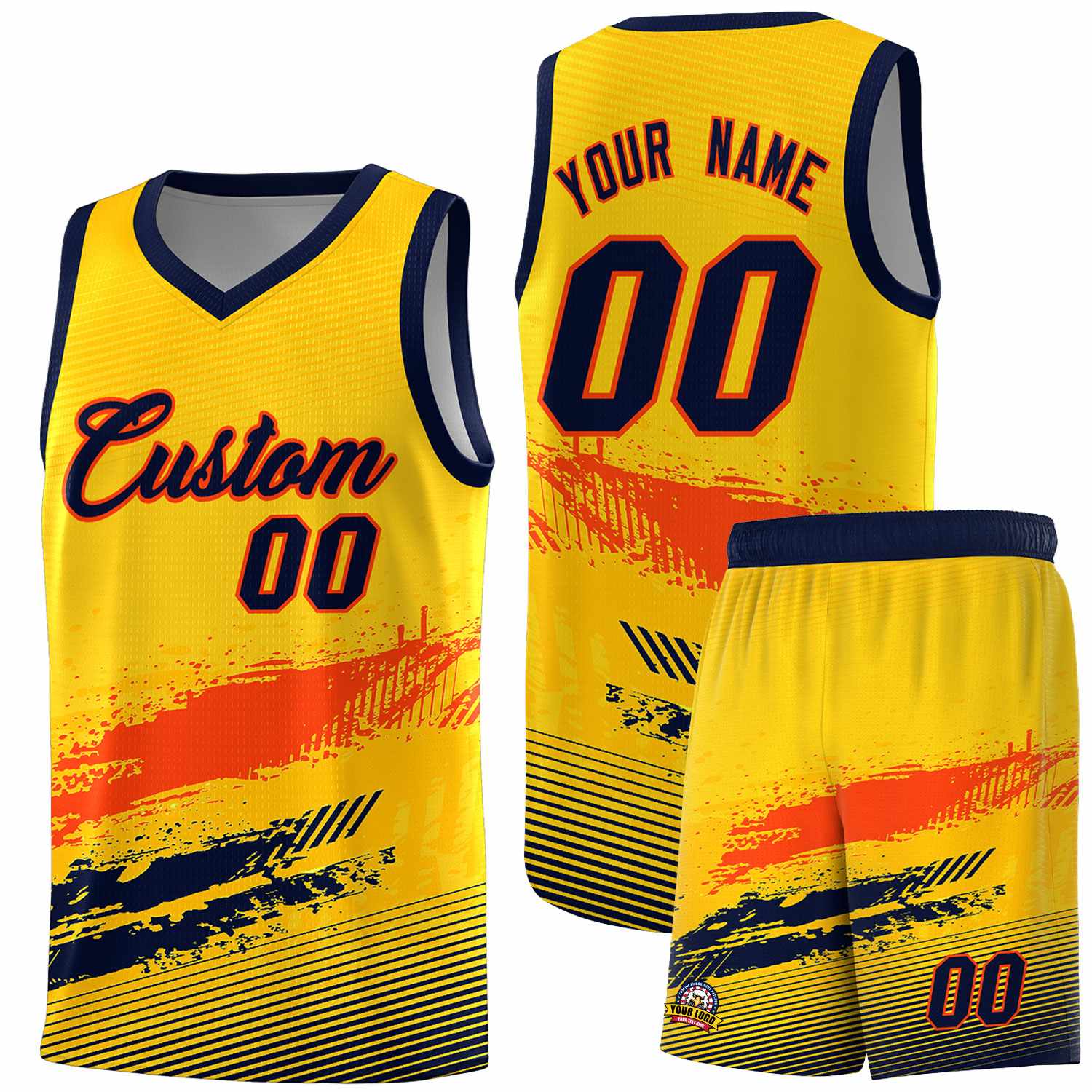 Custom Yellow Orange and Navy Graffiti Pattern Sports Uniform Basketball Jersey