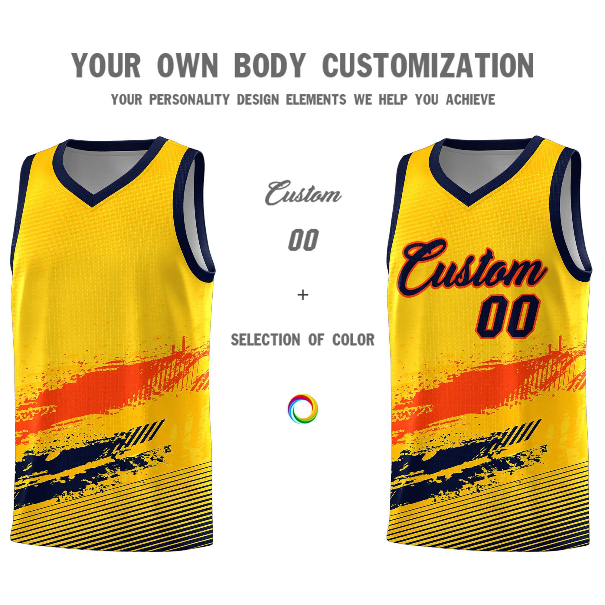 Custom Yellow Orange and Navy Graffiti Pattern Sports Uniform Basketball Jersey