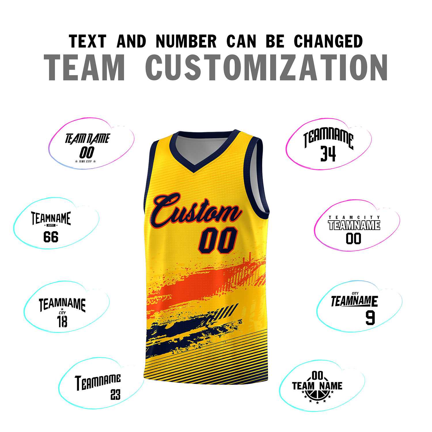 Custom Yellow Orange and Navy Graffiti Pattern Sports Uniform Basketball Jersey