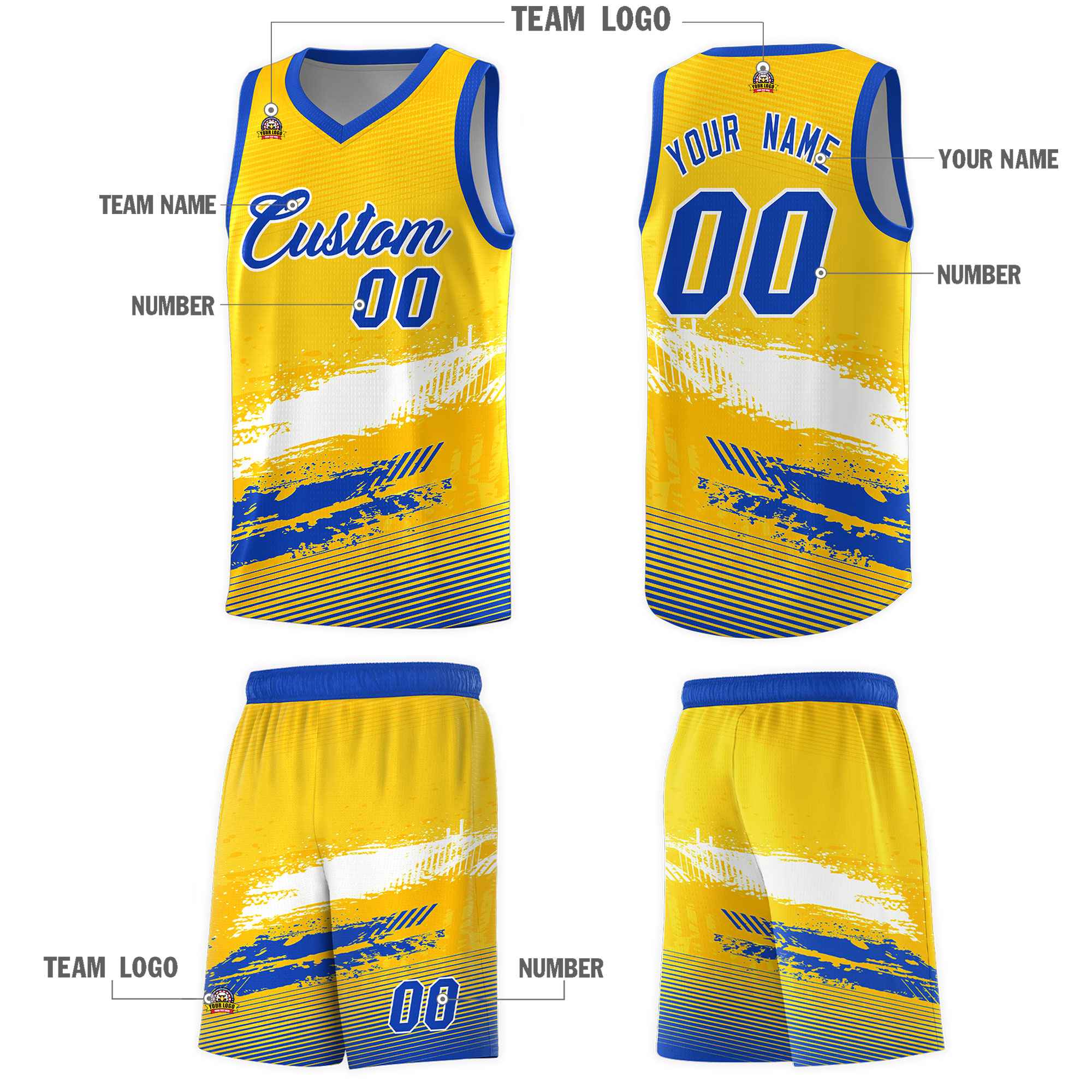 Custom Yellow White and Royal Graffiti Pattern Sports Uniform Basketball Jersey