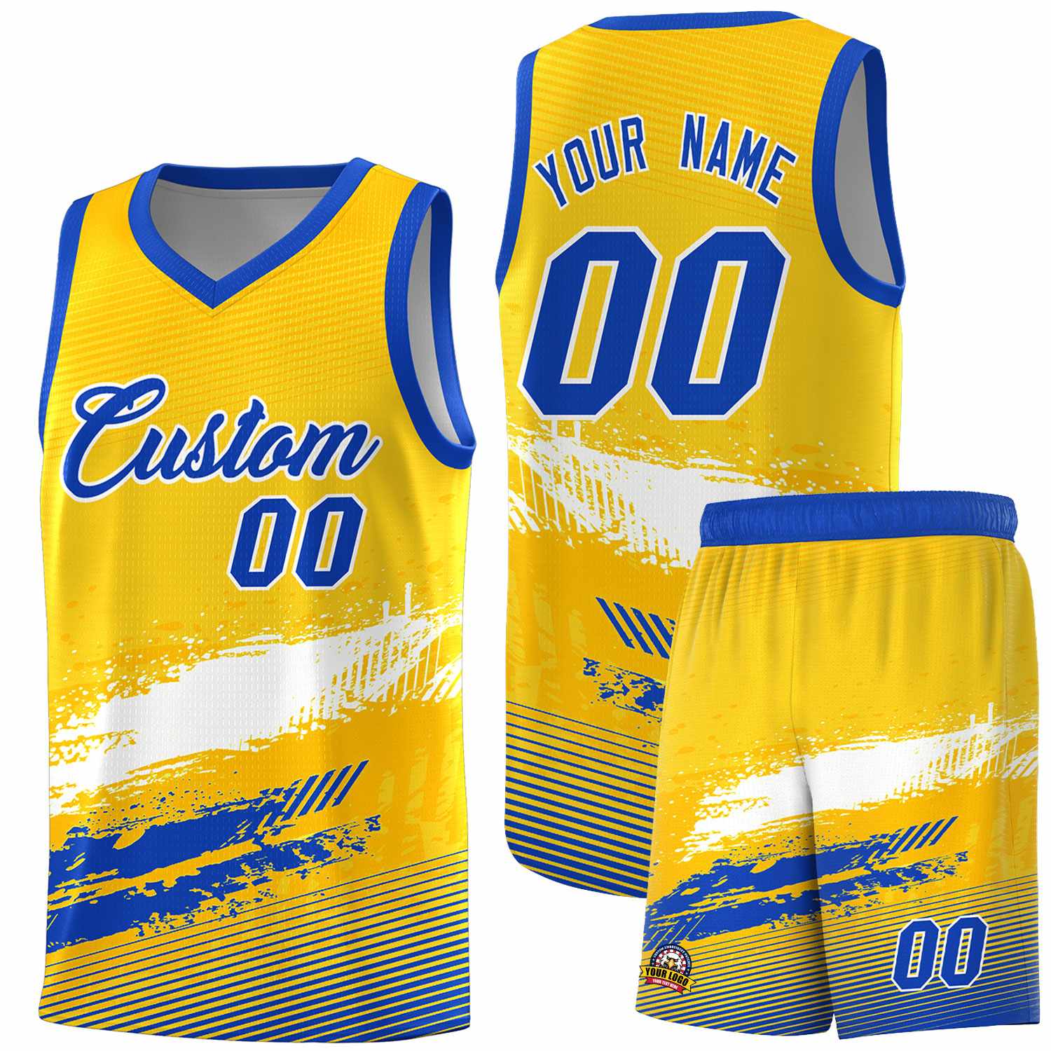 Custom Yellow White and Royal Graffiti Pattern Sports Uniform Basketball Jersey